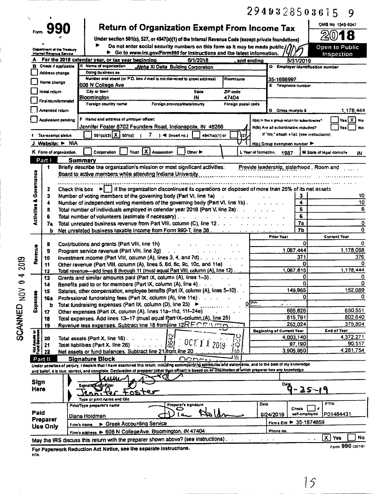 Image of first page of 2018 Form 990O for Alpha Xi Delta Building Corporation