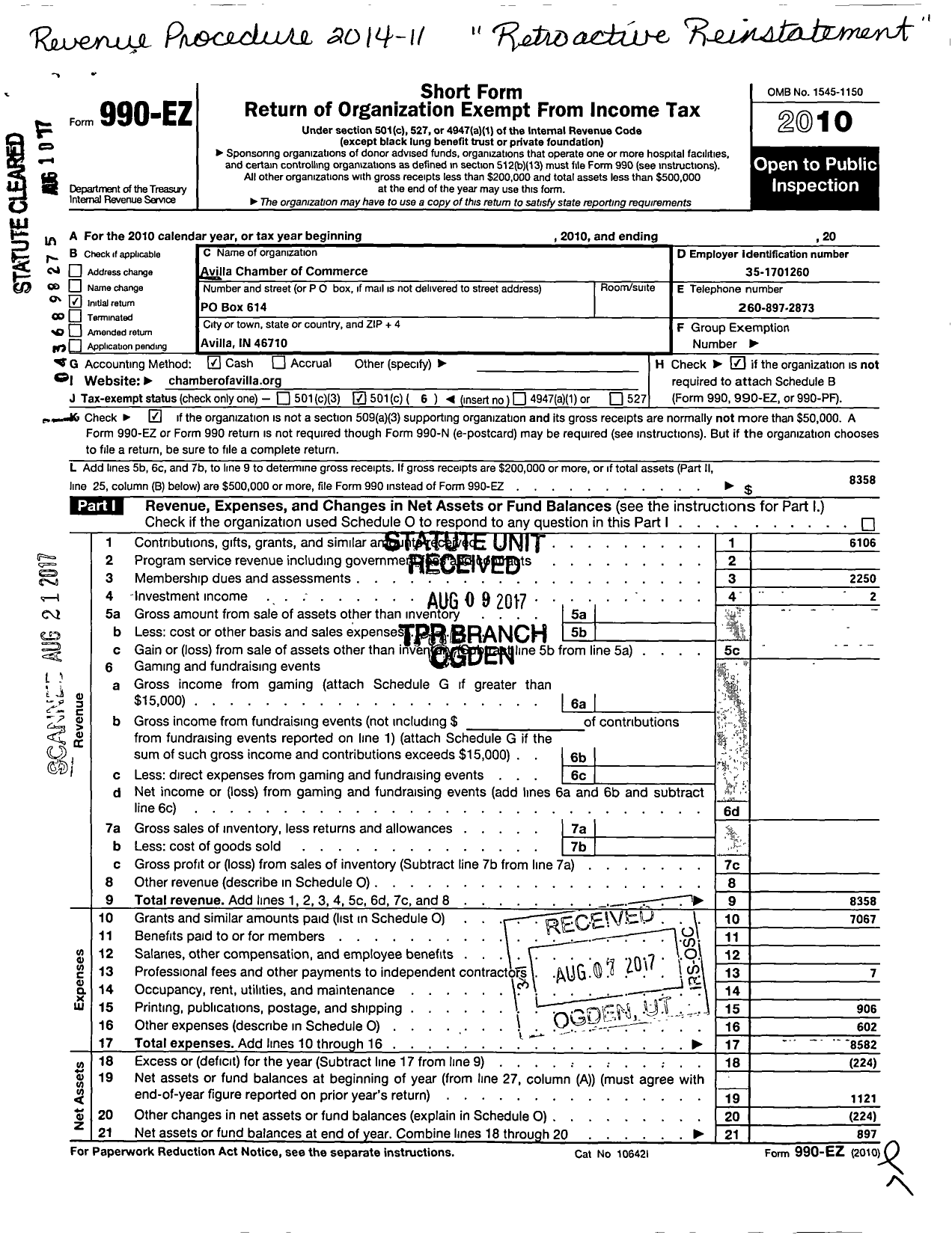 Image of first page of 2010 Form 990EO for Avilla Chamber of Commerce