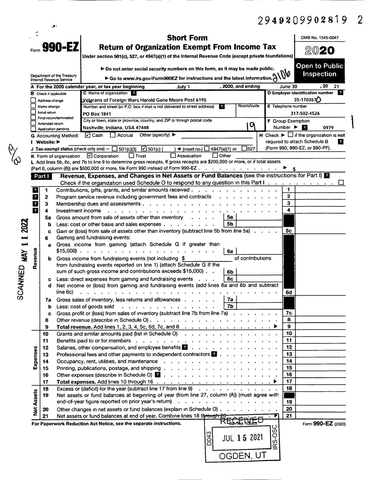 Image of first page of 2020 Form 990EO for VFW Department of Indiana - 6195 VFW Ind