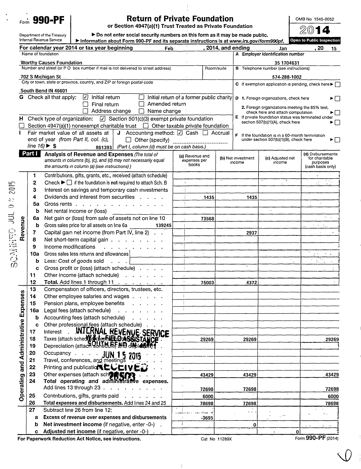 Image of first page of 2014 Form 990PF for Worthy Causes Foundation