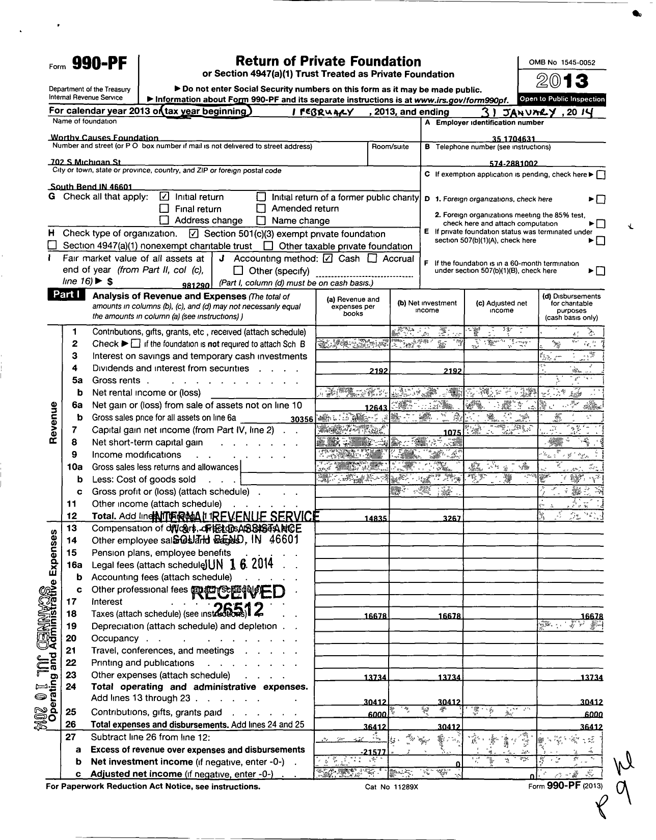 Image of first page of 2013 Form 990PF for Worthy Causes Foundation
