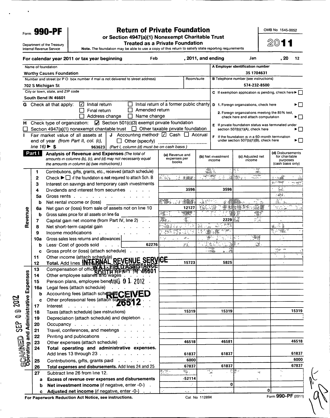 Image of first page of 2011 Form 990PF for Worthy Causes Foundation