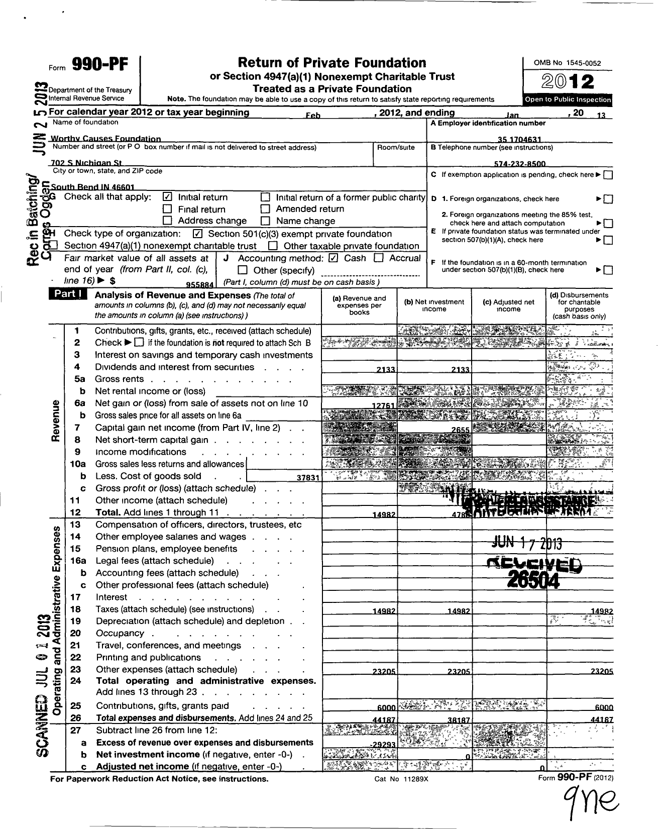 Image of first page of 2012 Form 990PF for Worthy Causes Foundation