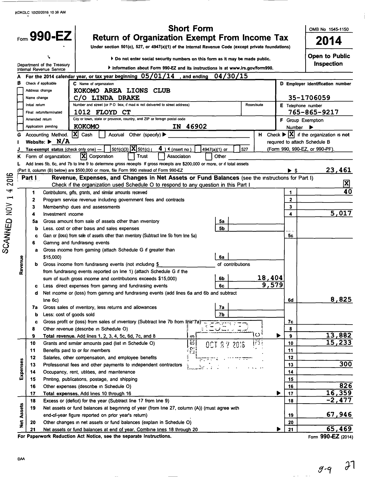 Image of first page of 2014 Form 990EO for Lions Clubs - 47224 Kokomo & Area