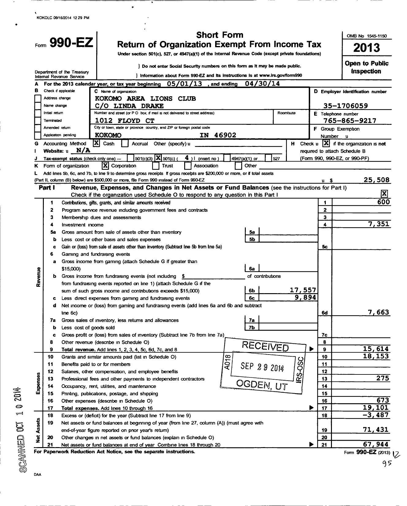 Image of first page of 2013 Form 990EO for Lions Clubs - 47224 Kokomo & Area