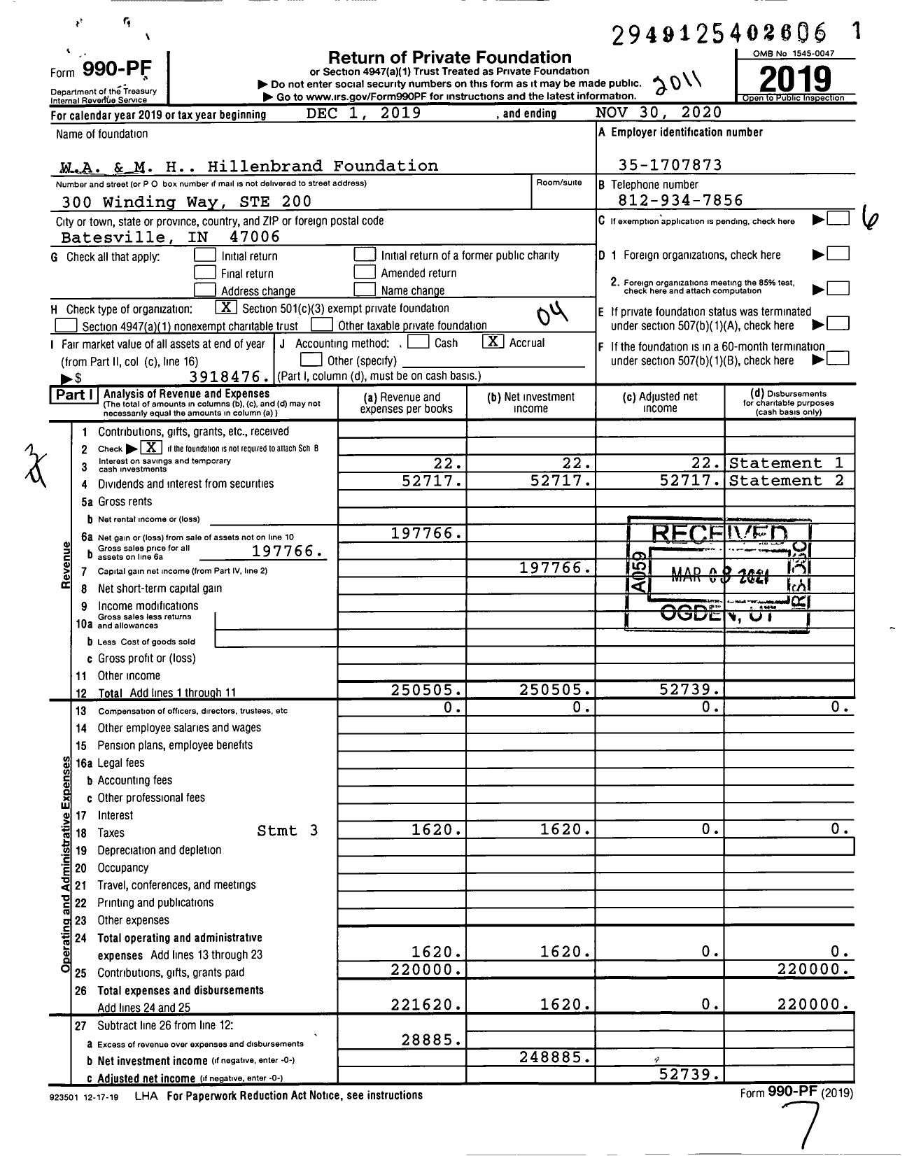 Image of first page of 2019 Form 990PF for William A & Marth H Hillenbrand Foundation