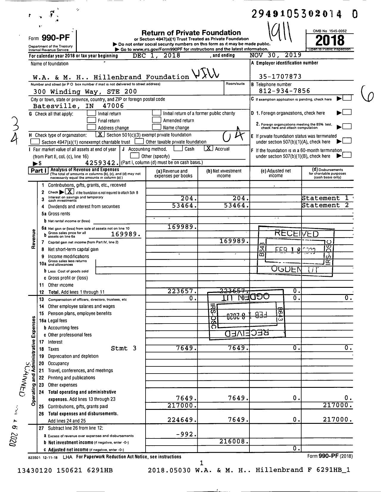 Image of first page of 2018 Form 990PR for William A & Marth H Hillenbrand Foundation