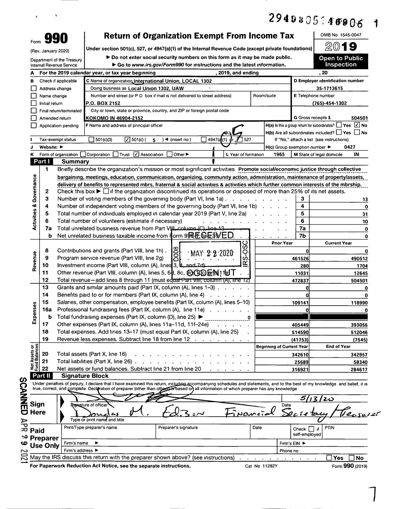 Image of first page of 2019 Form 990O for UAW - Local Union 1302 UAW