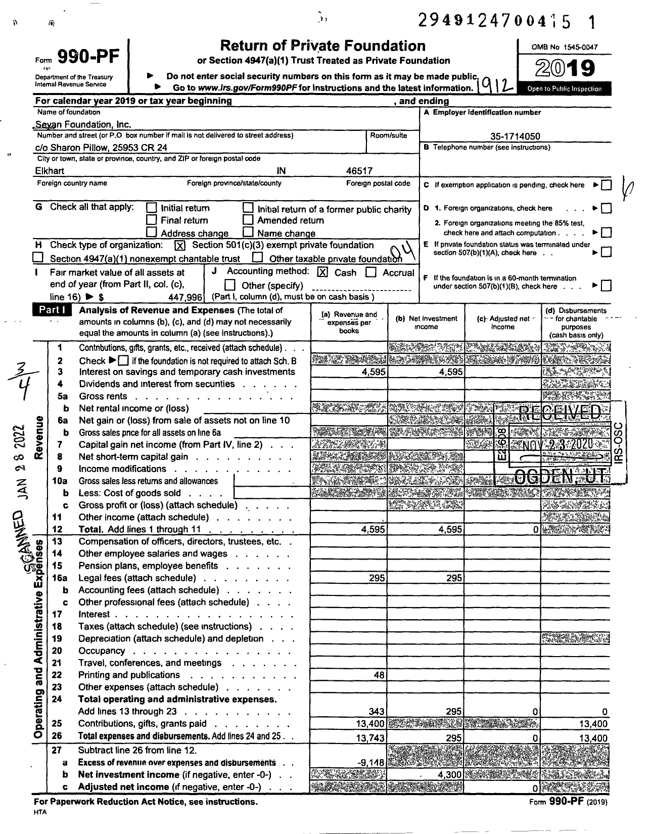 Image of first page of 2019 Form 990PF for Seyan Foundation