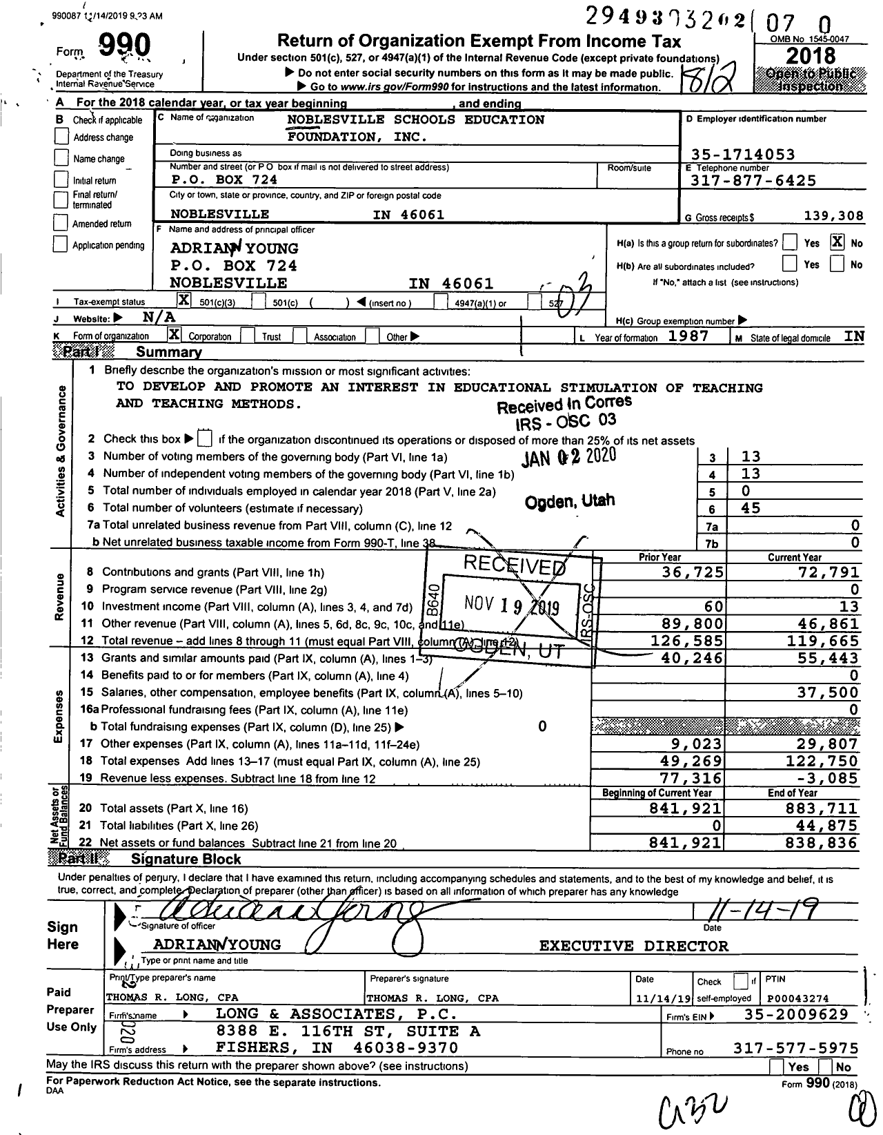 Image of first page of 2018 Form 990 for Noblesville Schools Educational Foundation