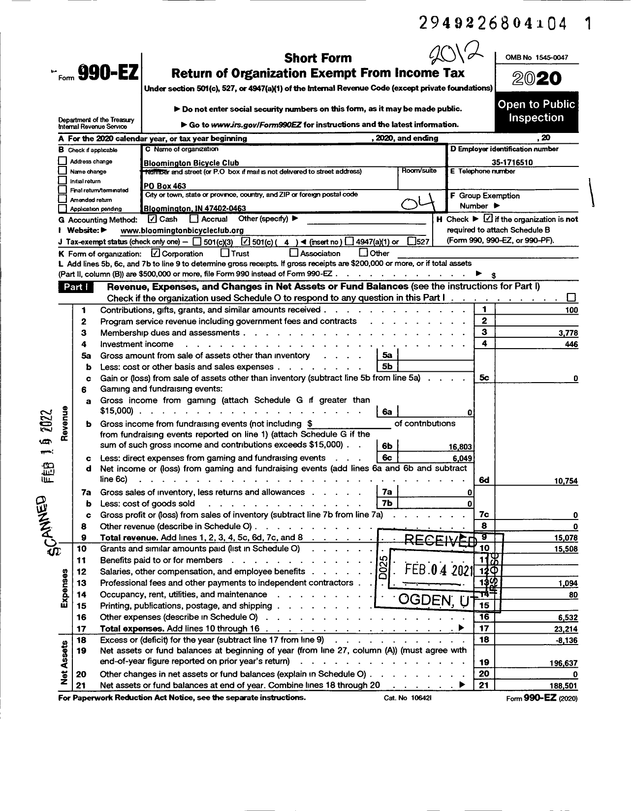 Image of first page of 2020 Form 990EO for Bloomington Bicycle Club