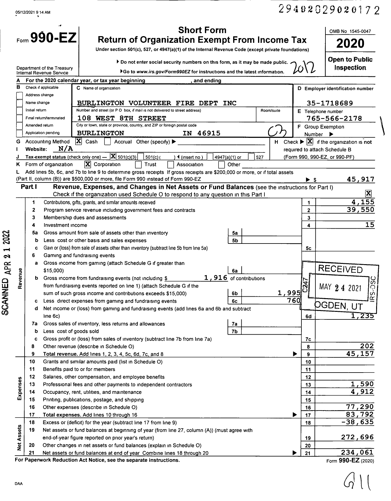 Image of first page of 2020 Form 990EZ for Burlington Volunteer Fire Dept