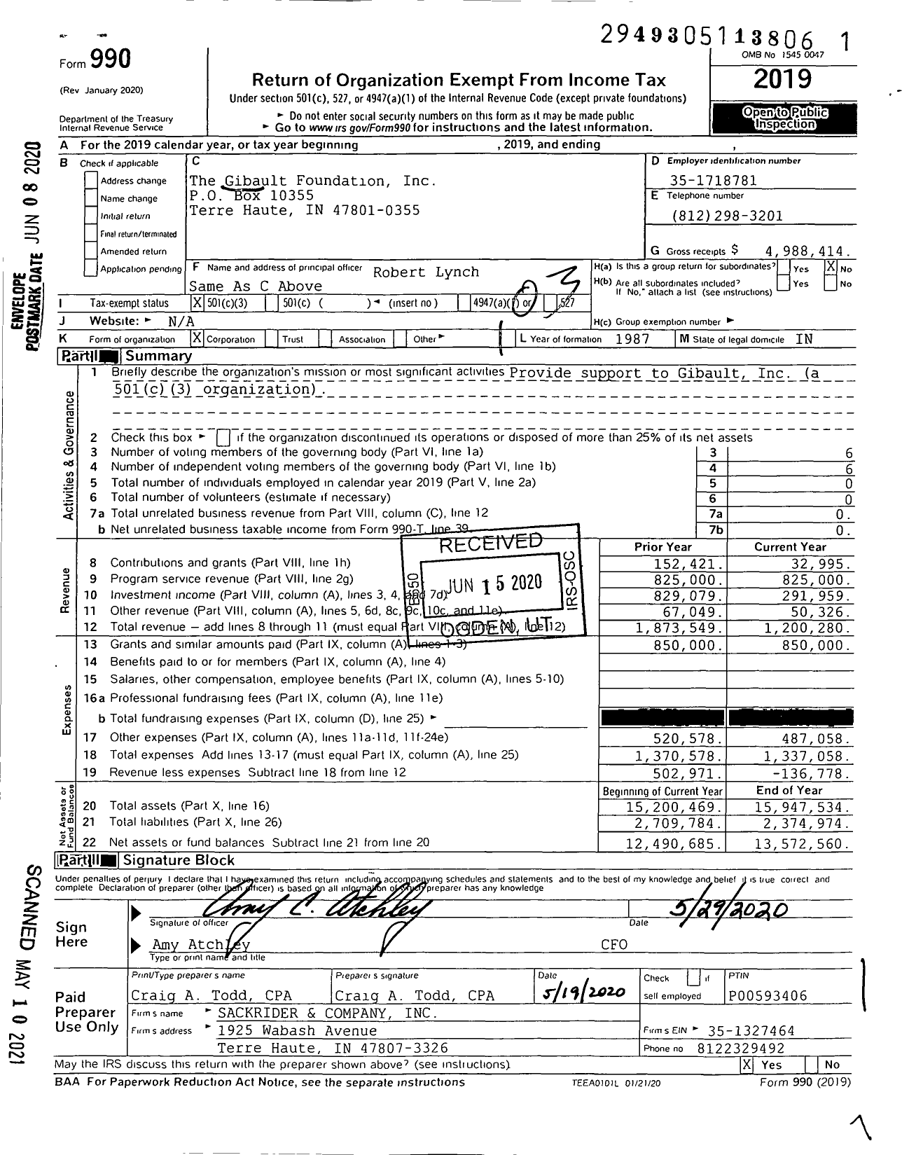 Image of first page of 2019 Form 990 for The Gibault Foundation