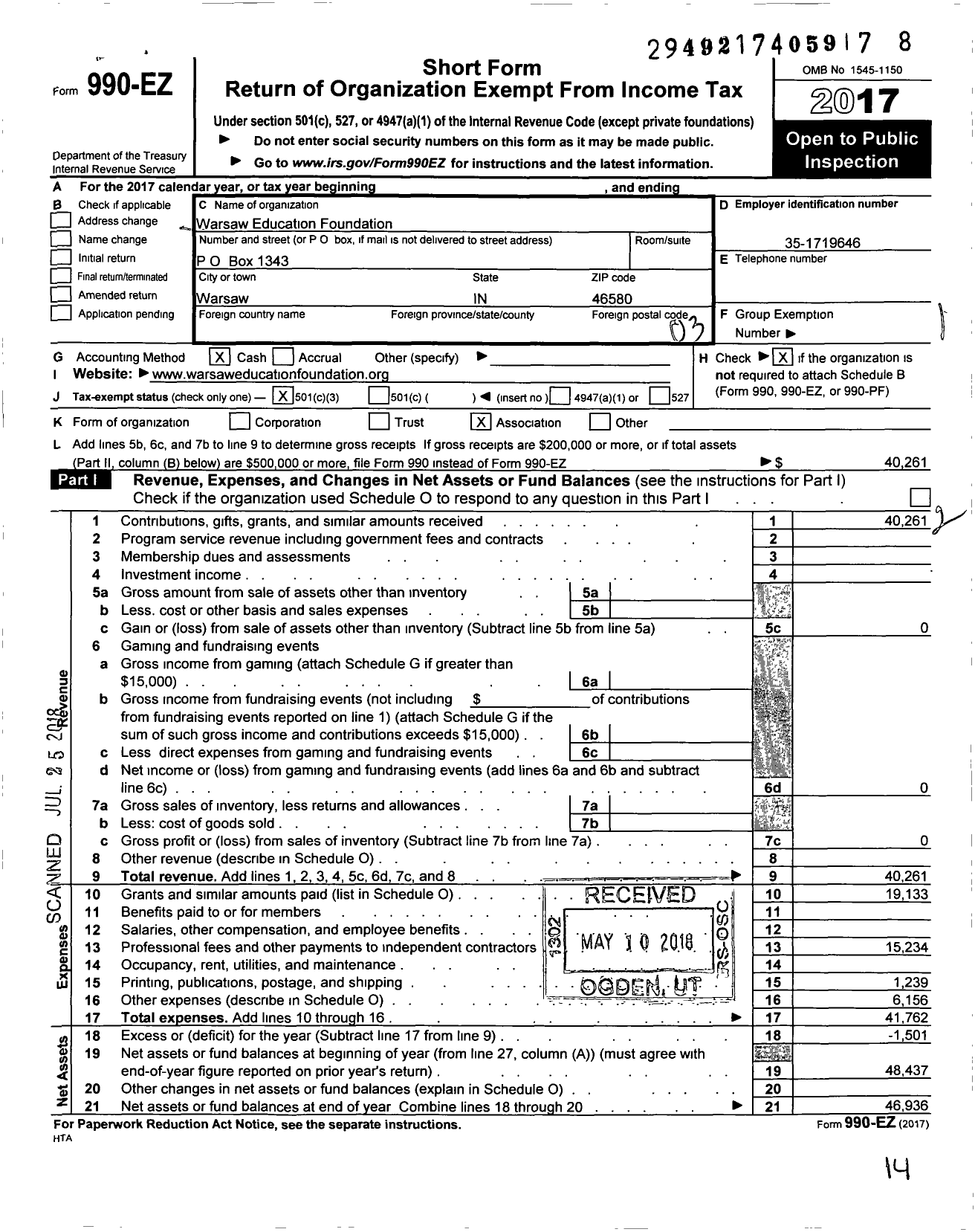 Image of first page of 2017 Form 990EZ for Warsaw Education Foundation