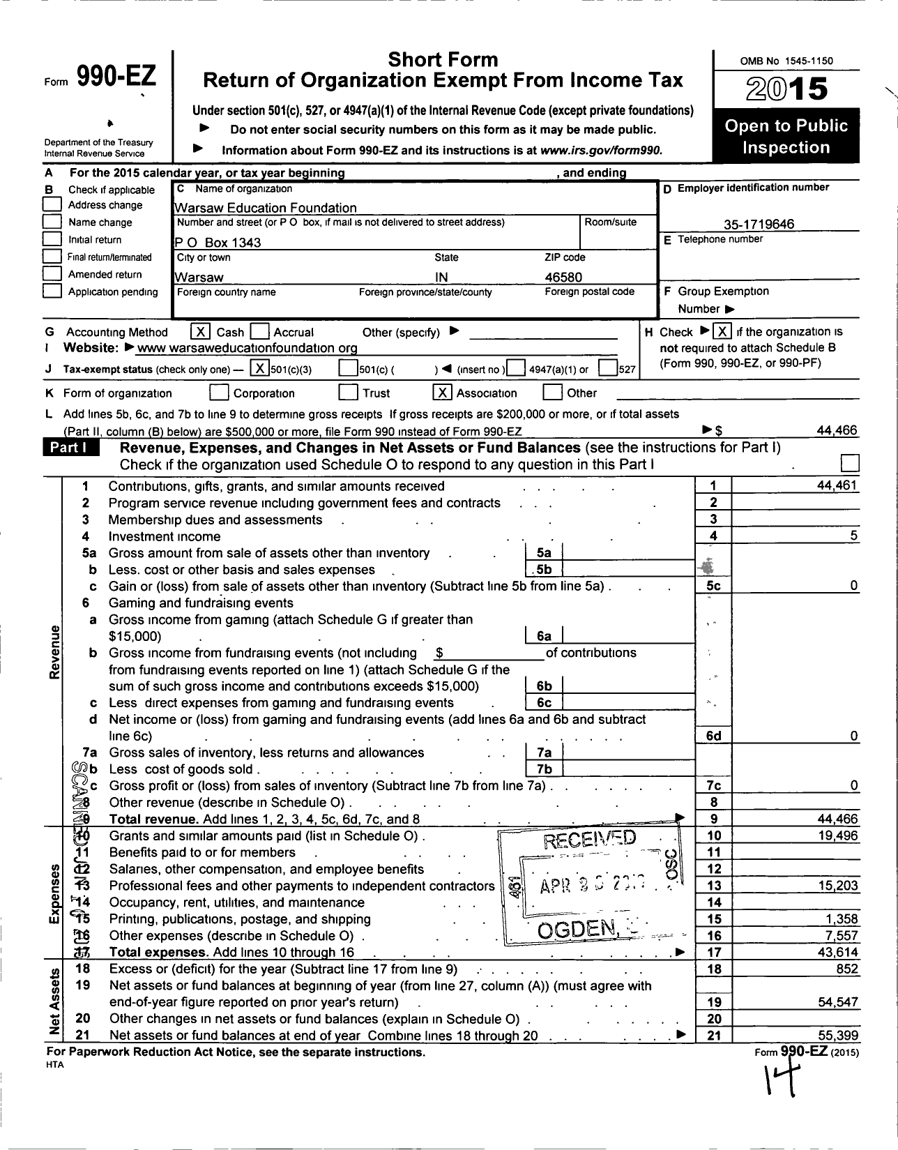 Image of first page of 2015 Form 990EZ for Warsaw Education Foundation