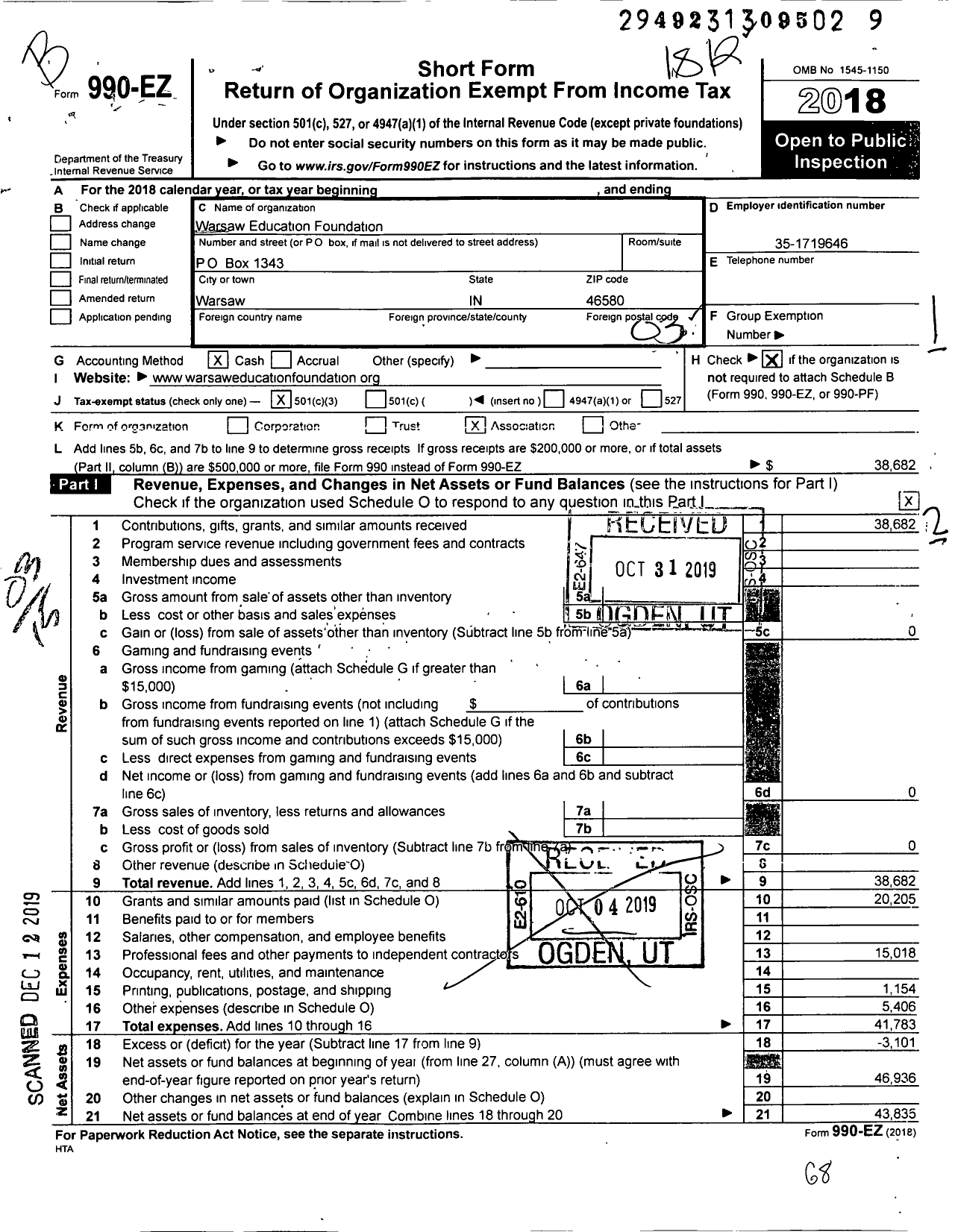 Image of first page of 2018 Form 990EZ for Warsaw Education Foundation