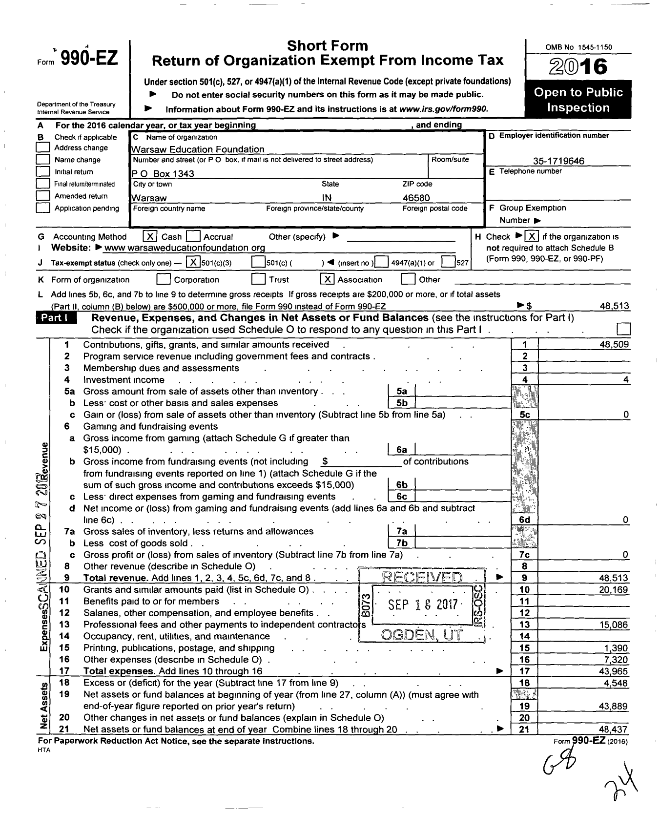 Image of first page of 2016 Form 990EZ for Warsaw Education Foundation