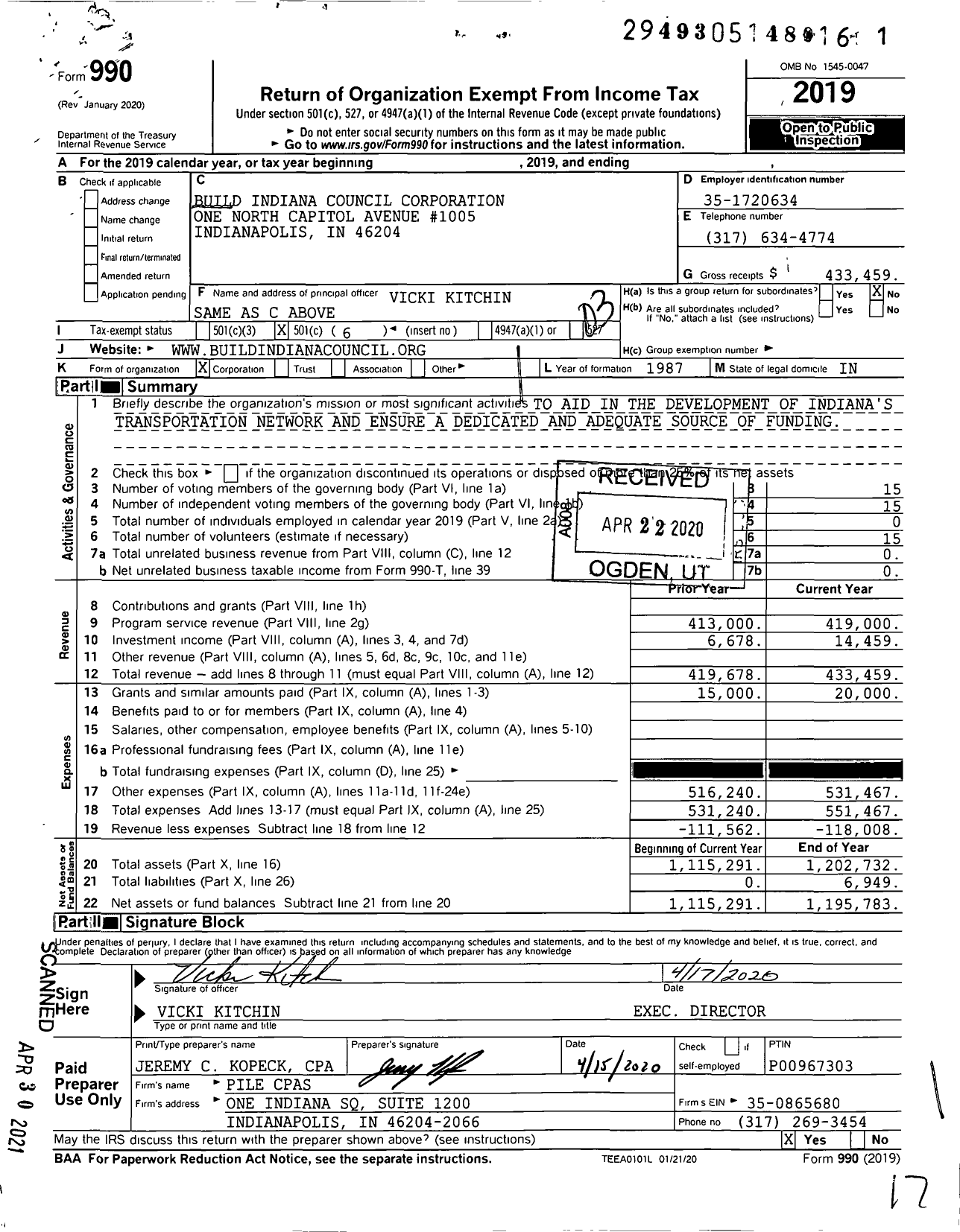 Image of first page of 2019 Form 990 for Build Indiana Council Corporation