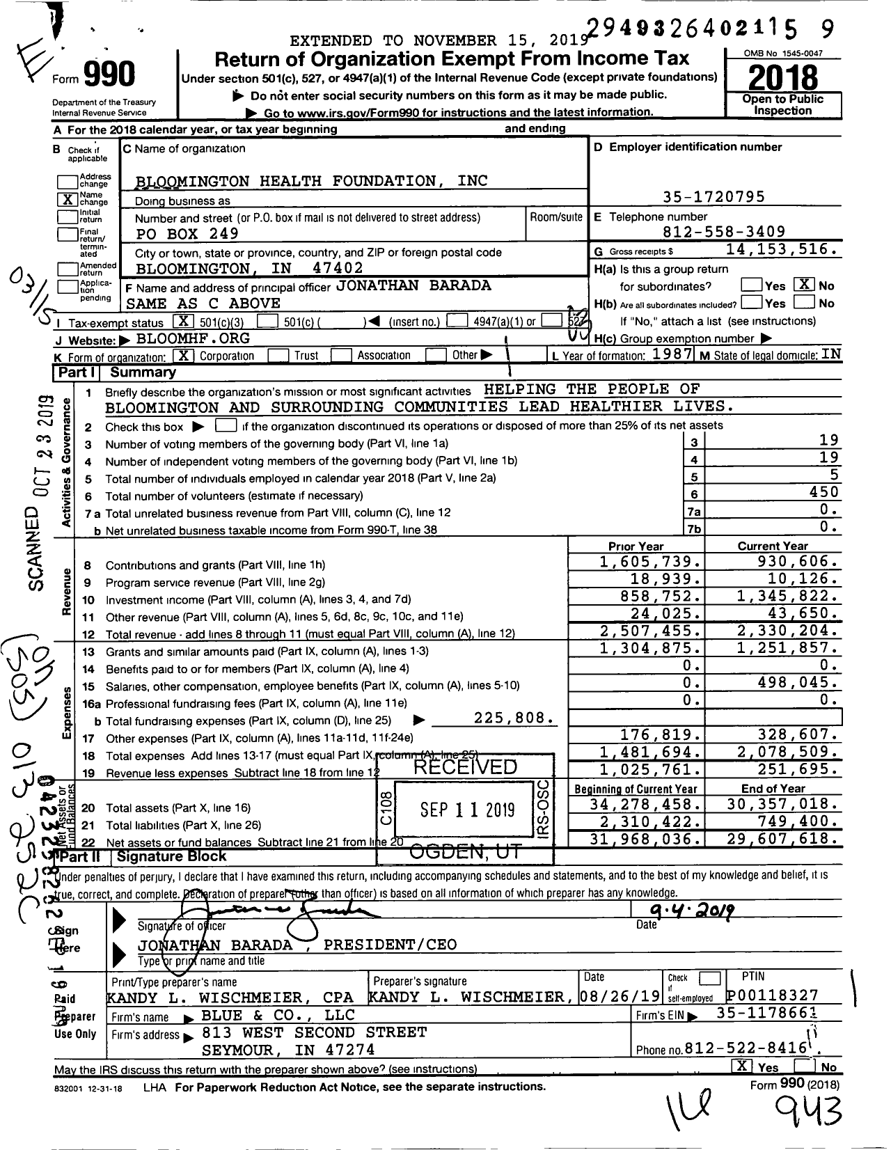 Image of first page of 2018 Form 990 for Bloomington Health Foundation
