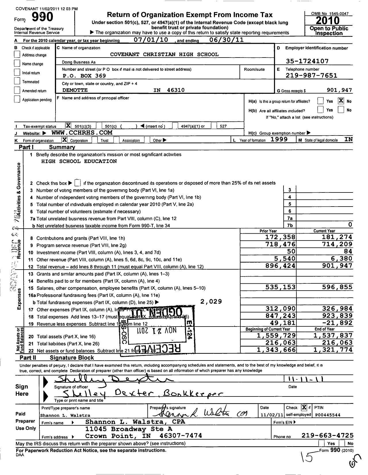 Image of first page of 2010 Form 990 for Covenant Christian High School