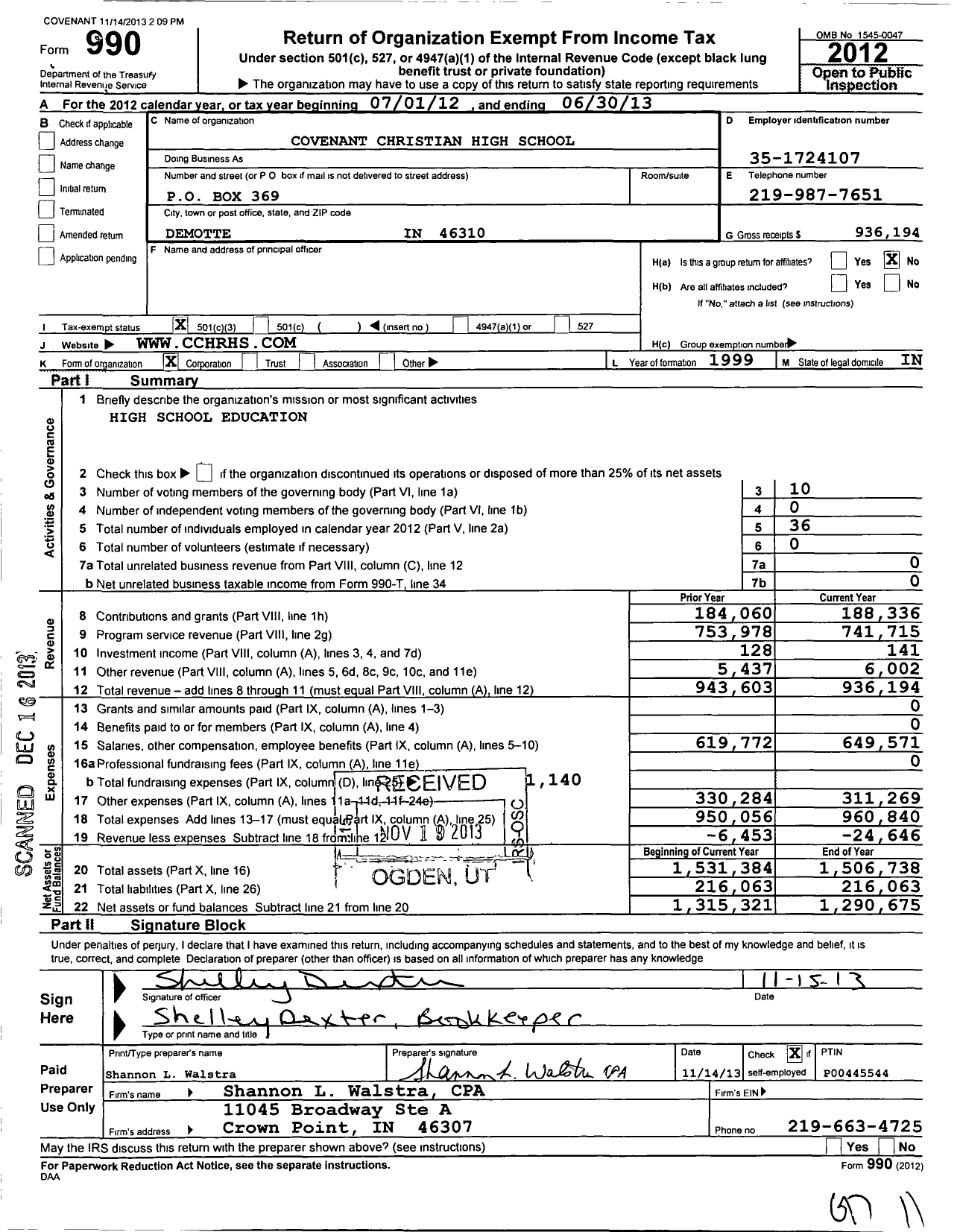 Image of first page of 2012 Form 990 for Covenant Christian High School