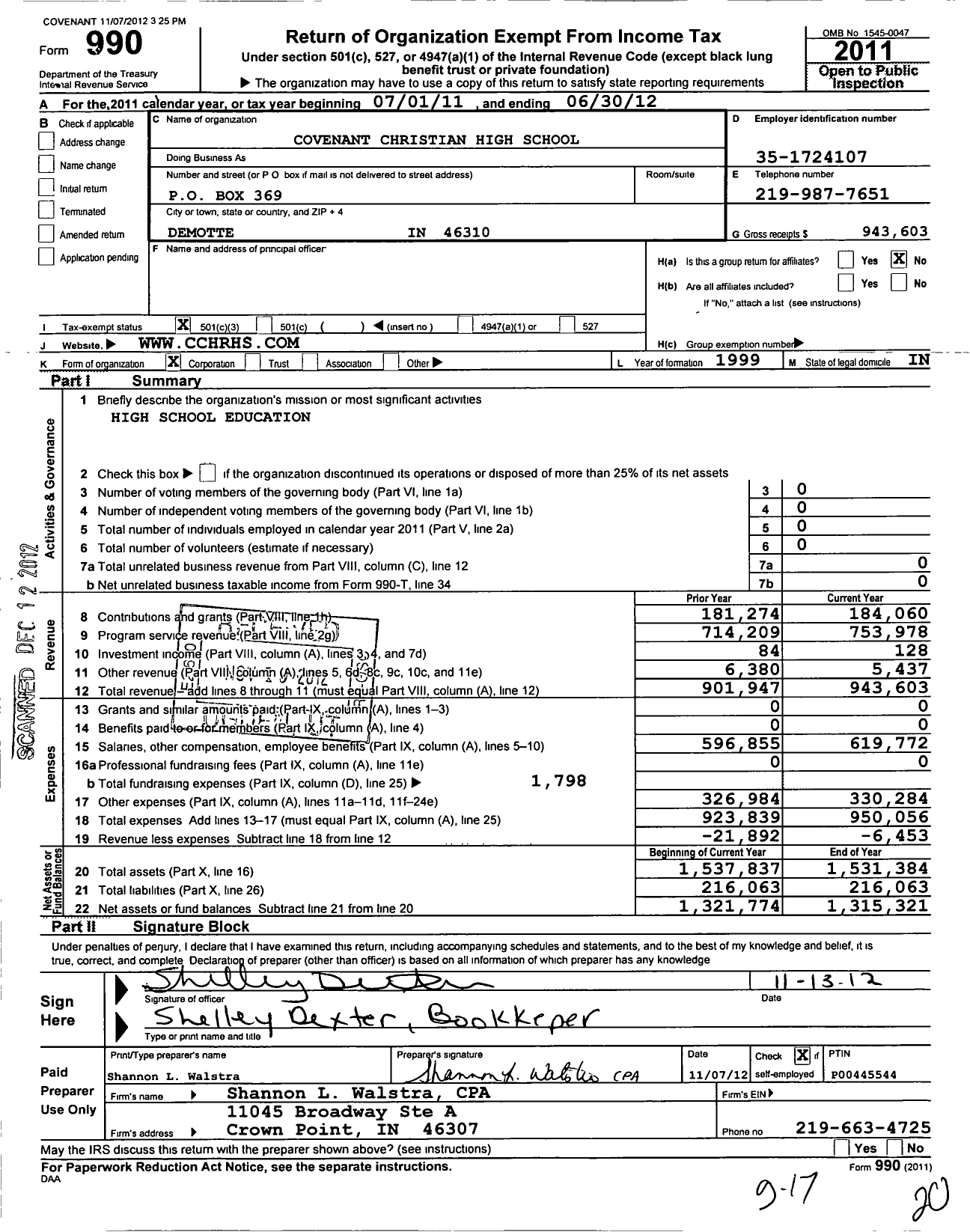 Image of first page of 2011 Form 990 for Covenant Christian High School
