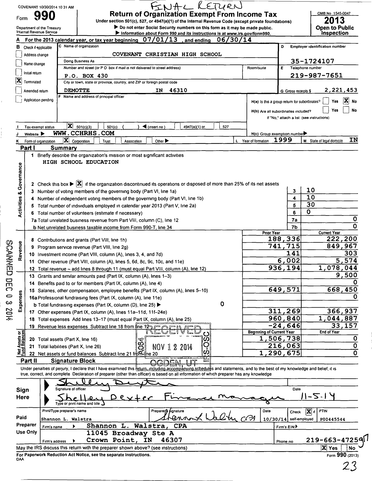 Image of first page of 2013 Form 990 for Covenant Christian High School