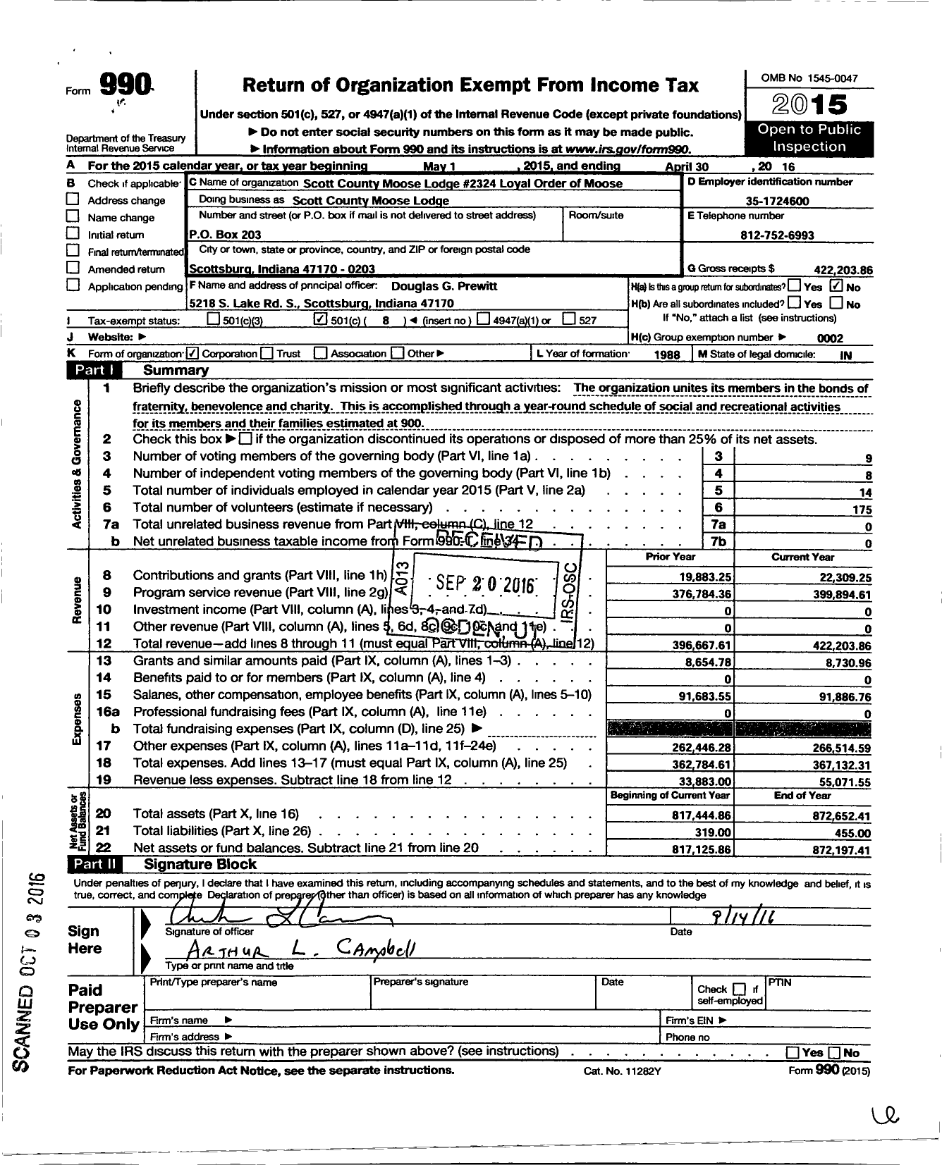 Image of first page of 2015 Form 990O for Scott County Moose Lodge