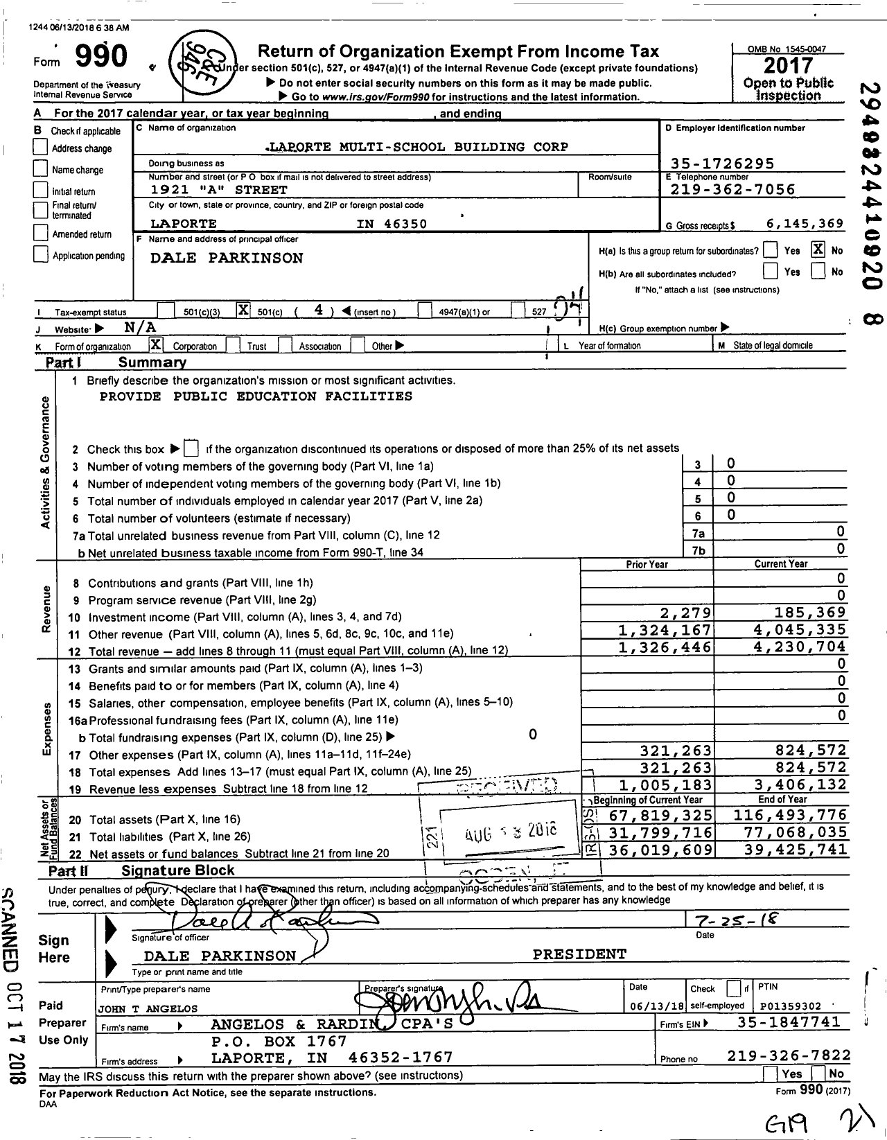 Image of first page of 2017 Form 990O for Laporte Multi-School Building Corporation
