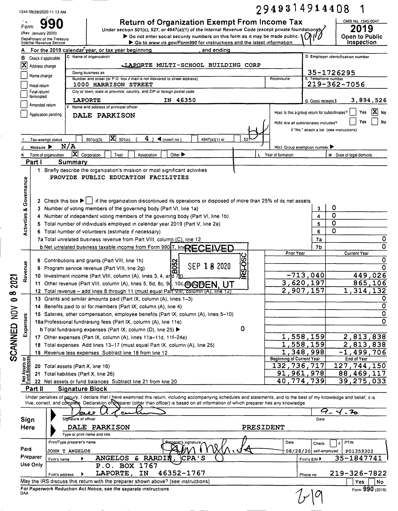 Image of first page of 2019 Form 990O for Laporte Multi-School Building Corporation