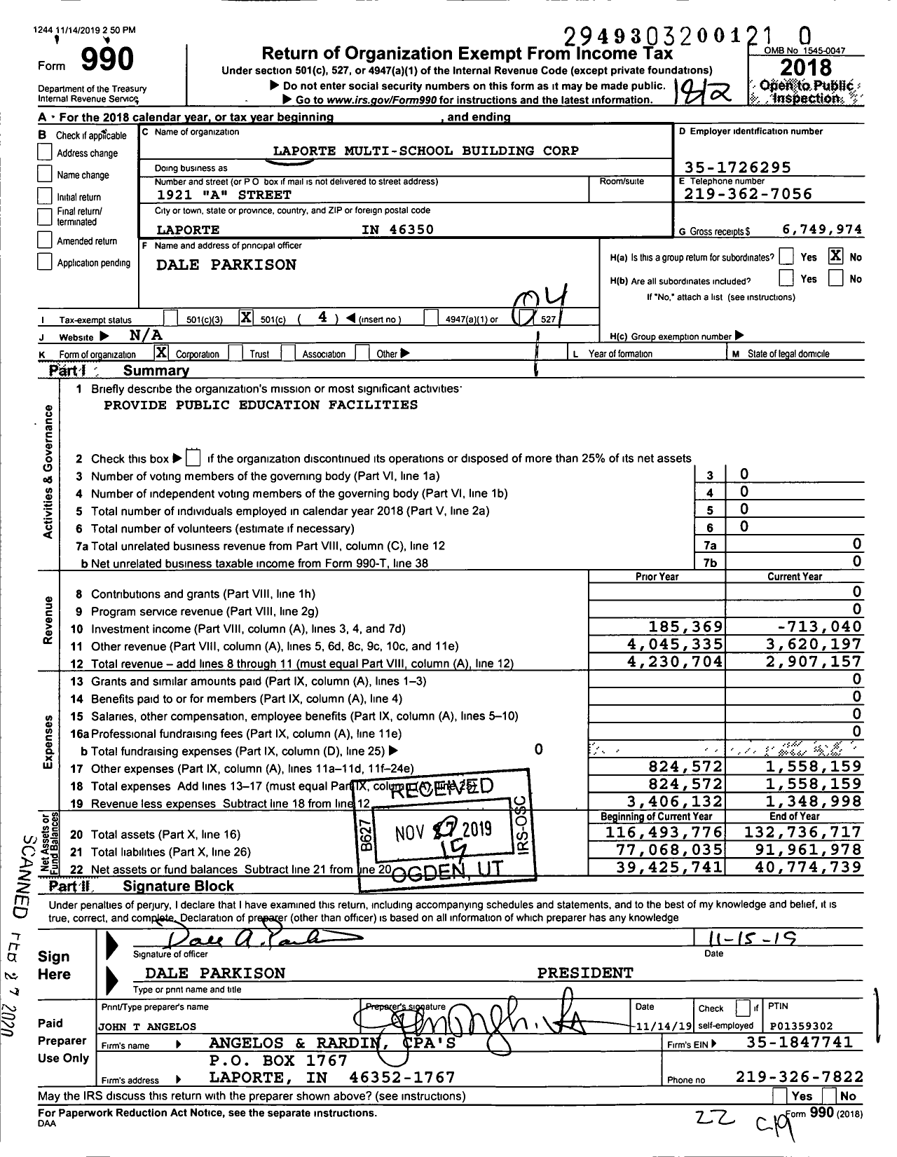 Image of first page of 2018 Form 990O for Laporte Multi-School Building Corporation