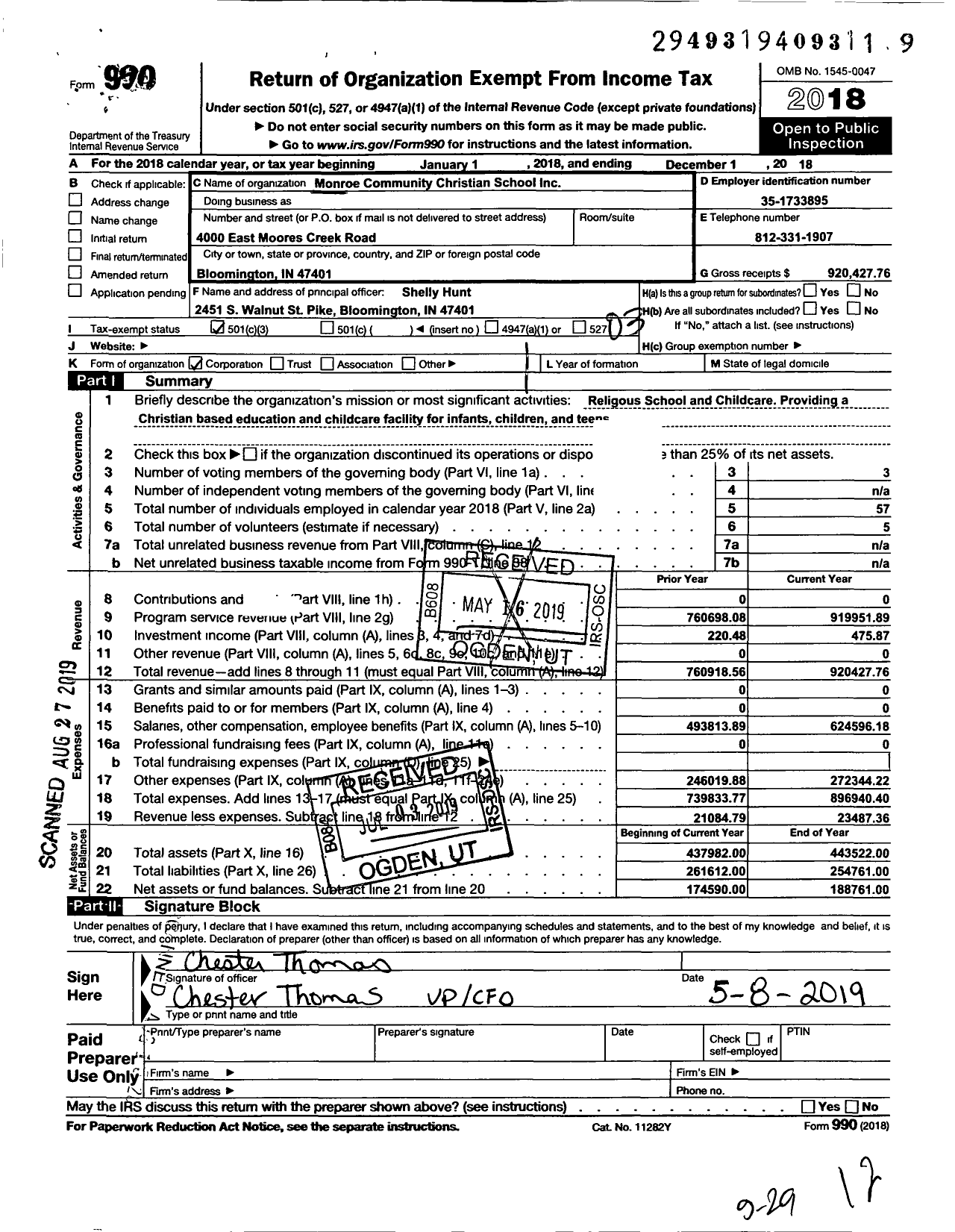 Image of first page of 2018 Form 990 for Monroe Community Christian School