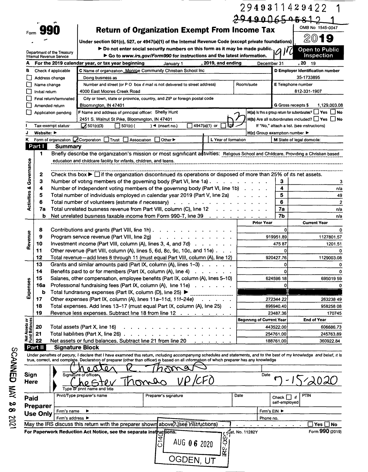 Image of first page of 2019 Form 990 for Monroe Community Christian School