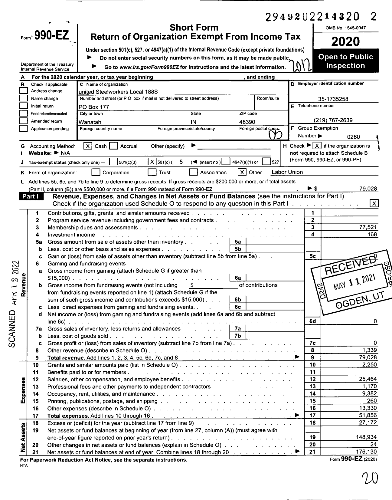 Image of first page of 2020 Form 990EO for United Steelworkers - 188s Local