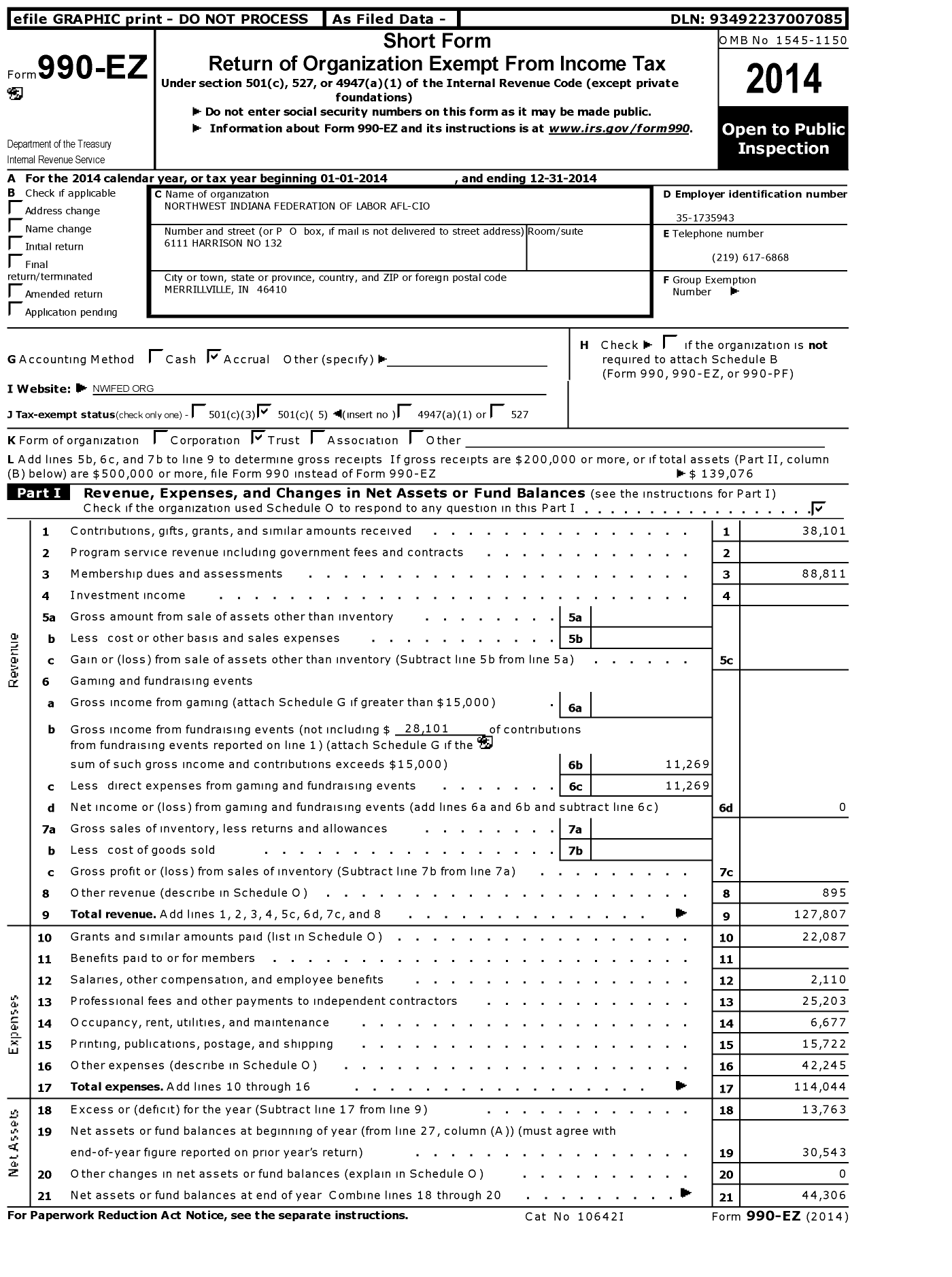 Image of first page of 2014 Form 990EO for AFL-CIO - Northern Indiana Area Labor Federat