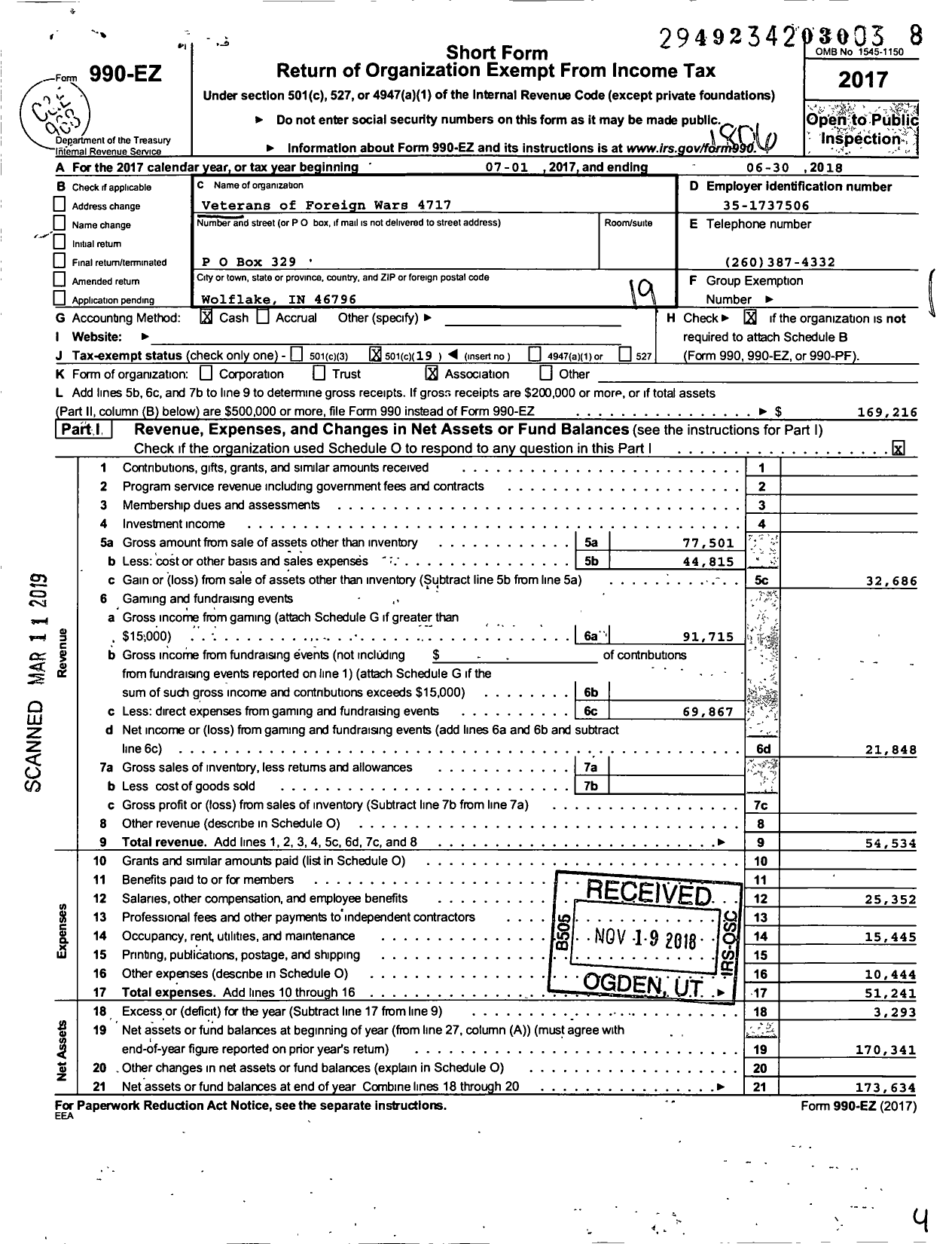 Image of first page of 2017 Form 990EO for VFW Department of Indiana - 4717 Wolf Lake Post