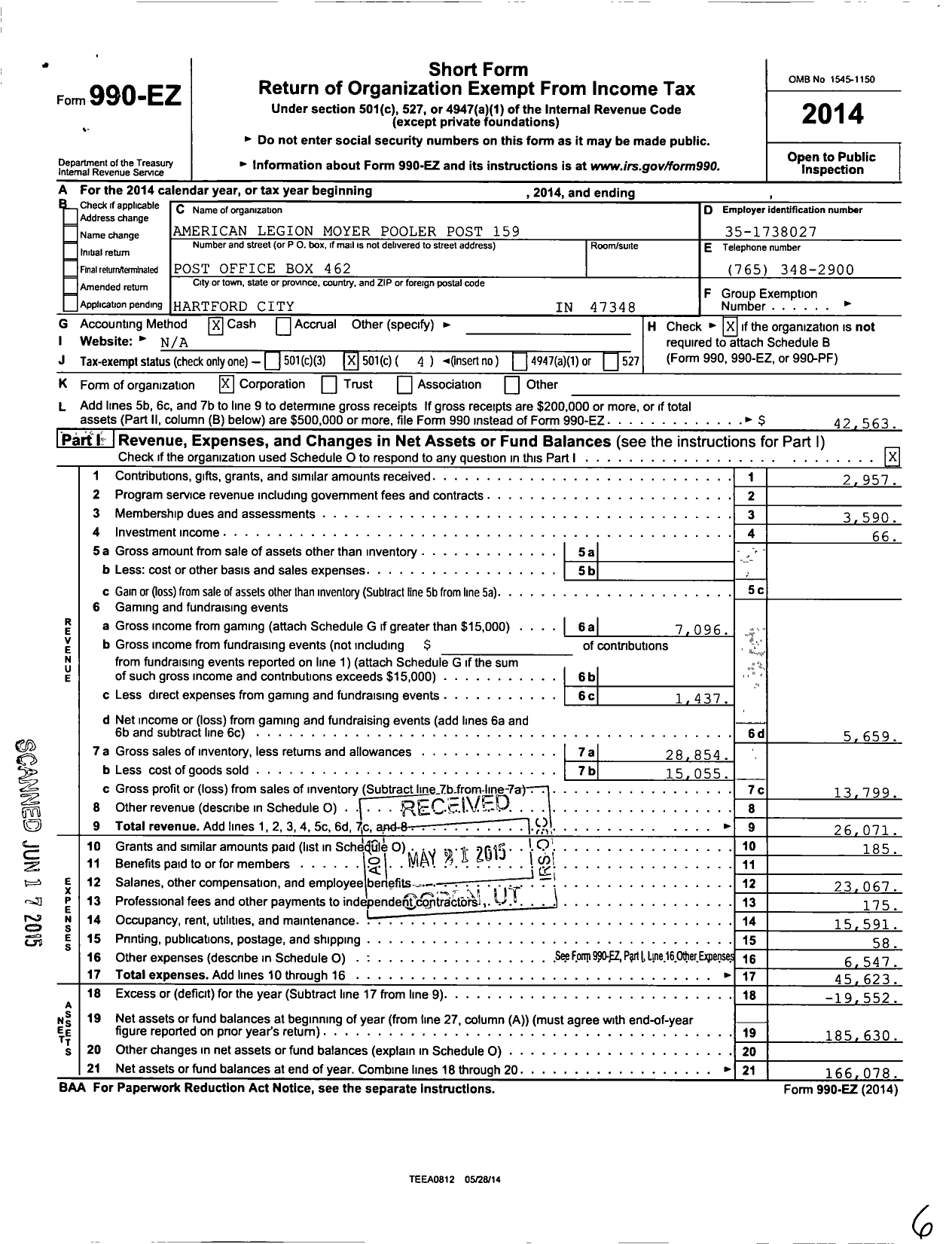 Image of first page of 2014 Form 990EO for American Legion - 159 Moyer Pooler Post