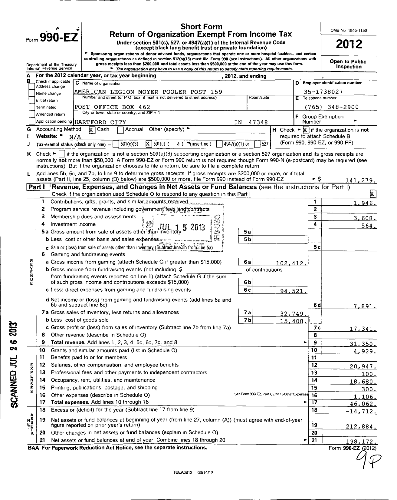 Image of first page of 2012 Form 990EO for American Legion - 159 Moyer Pooler Post