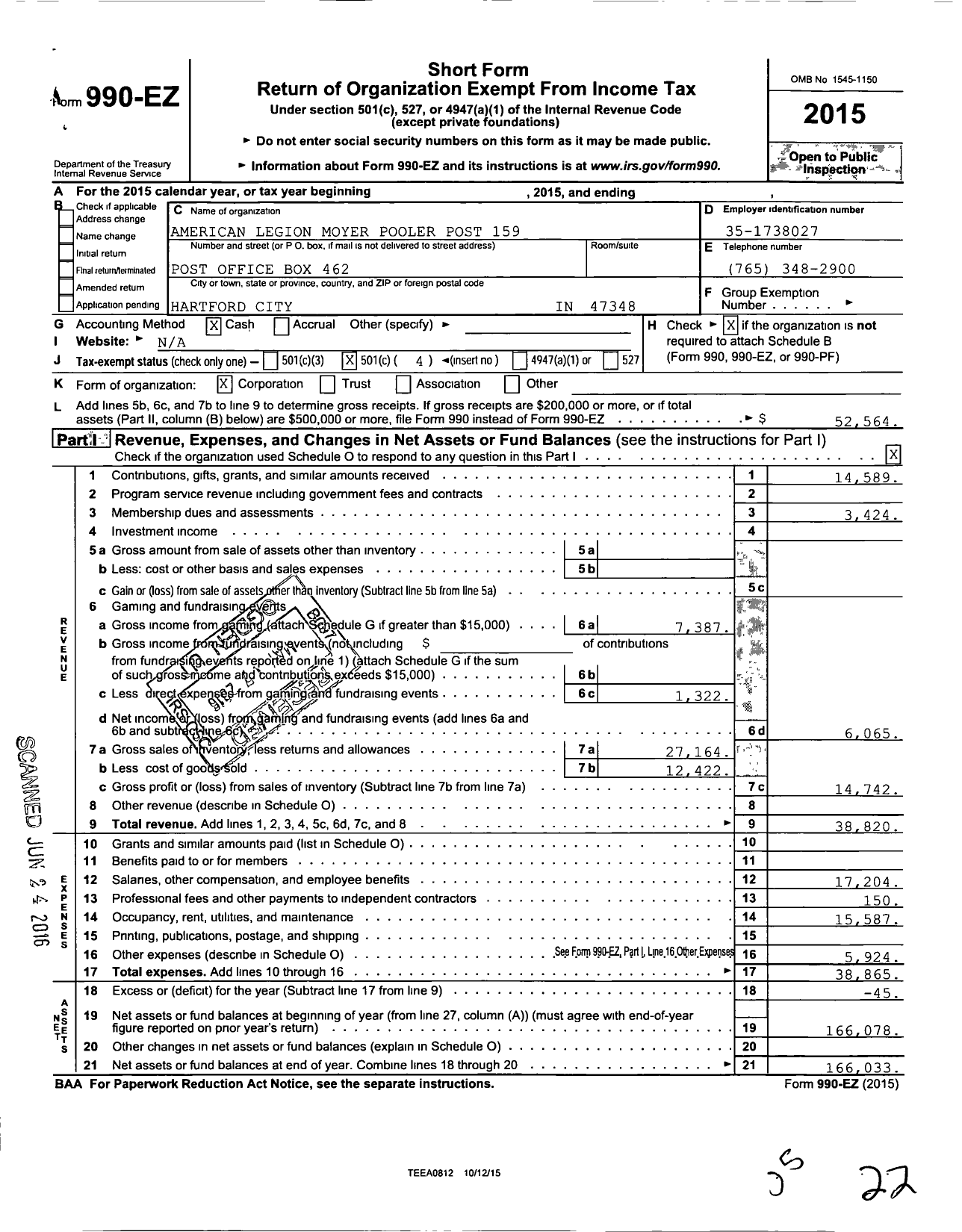 Image of first page of 2015 Form 990EO for American Legion - 159 Moyer Pooler Post