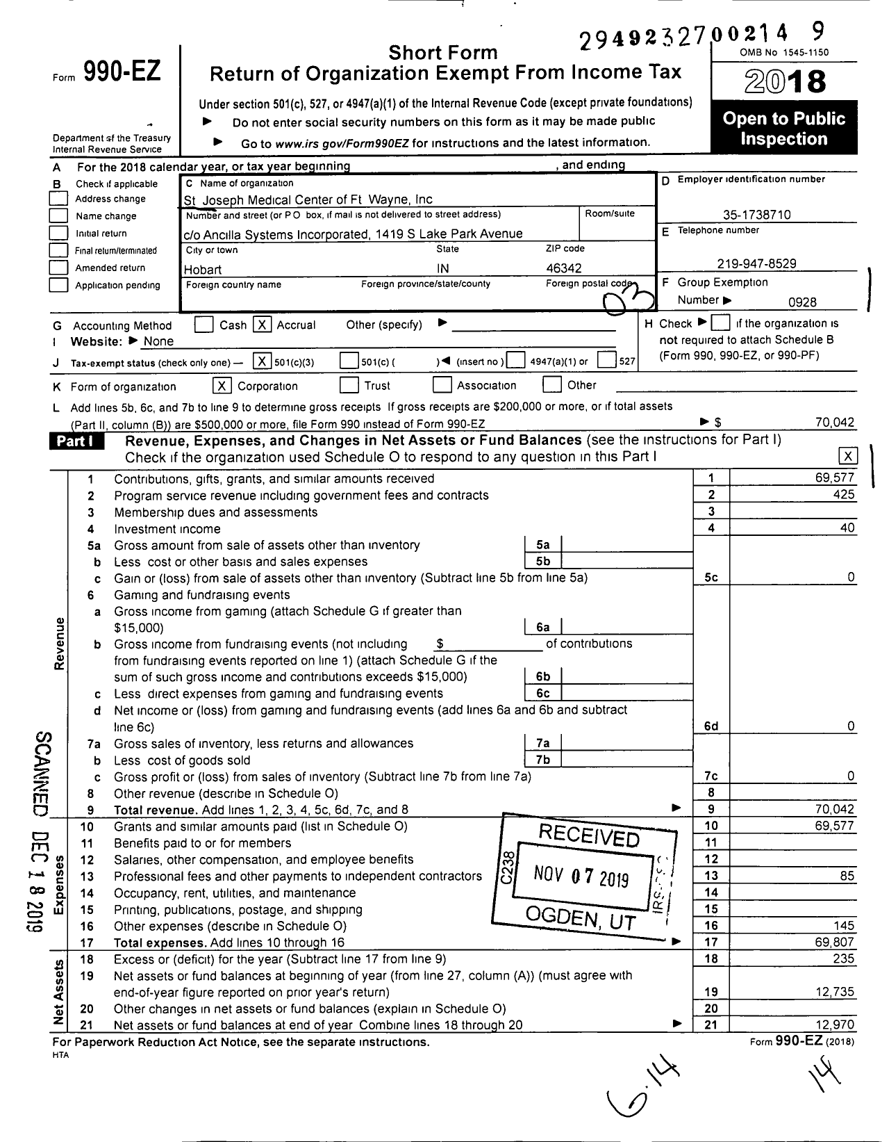 Image of first page of 2018 Form 990EZ for St Joseph Medical Center of Ft Wayne