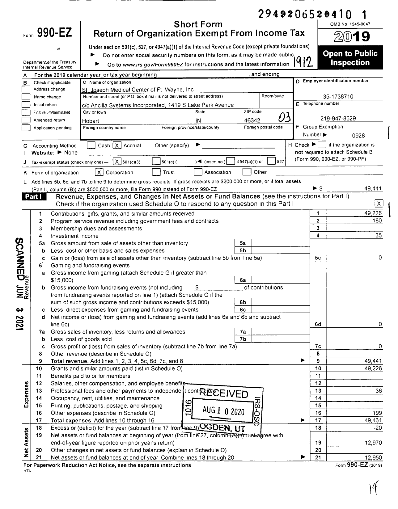 Image of first page of 2019 Form 990EZ for St Joseph Medical Center of Ft Wayne