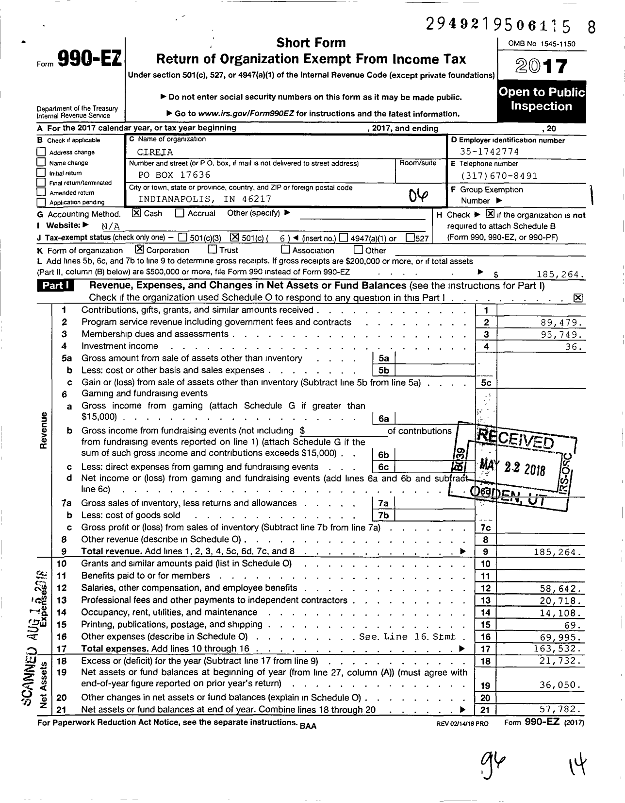 Image of first page of 2017 Form 990EO for Cireia