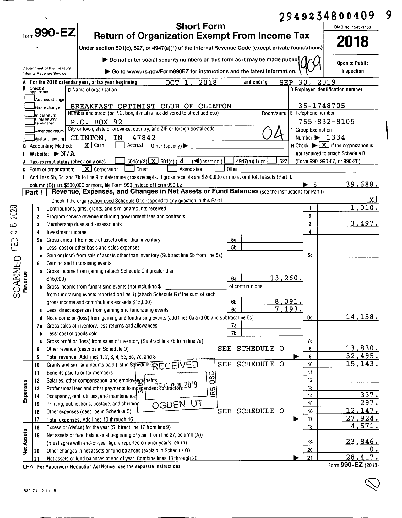 Image of first page of 2018 Form 990EO for Optimist International - 05036 Oc of Clinton Breakfast in