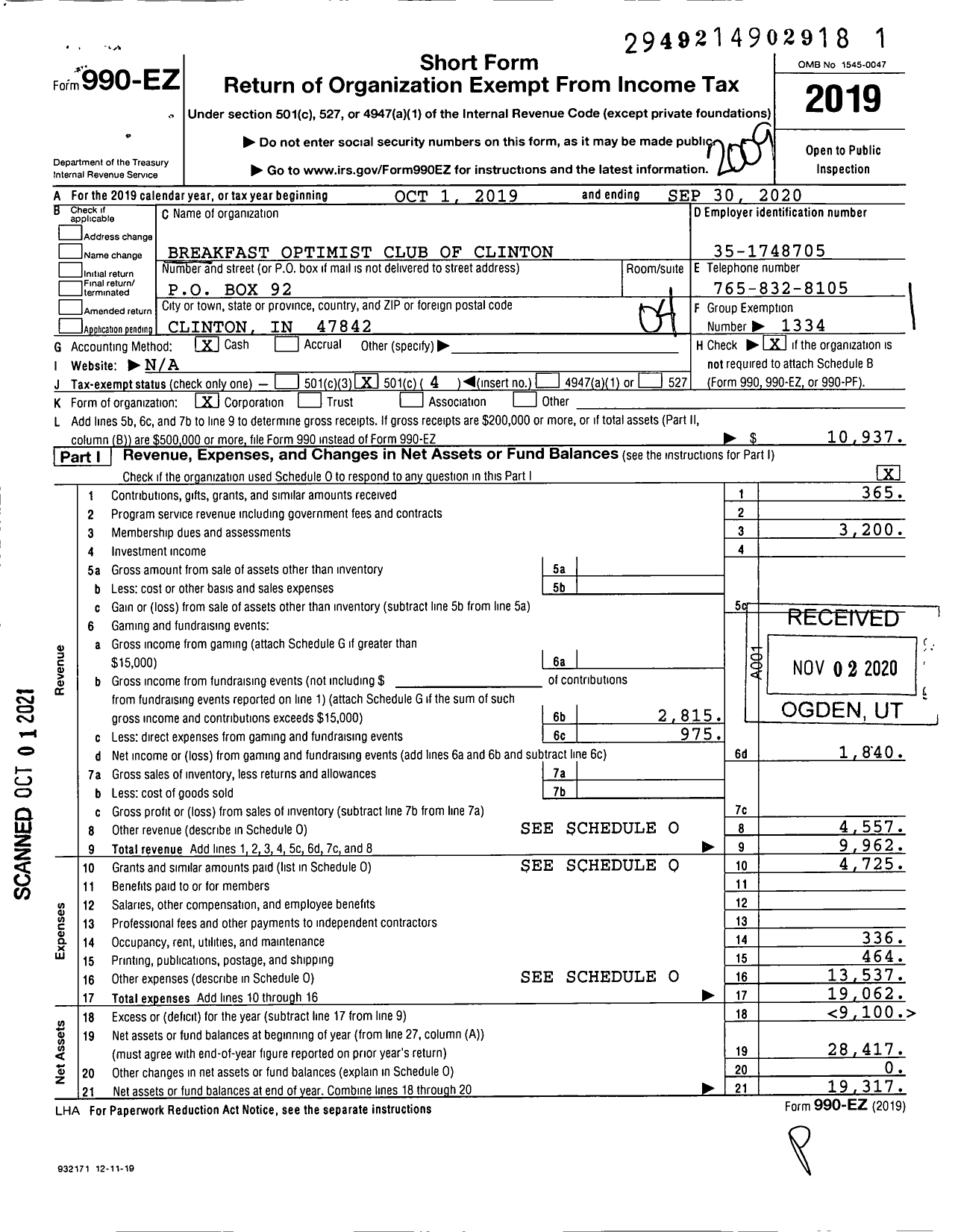 Image of first page of 2019 Form 990EO for Optimist International - 05036 Oc of Clinton Breakfast in