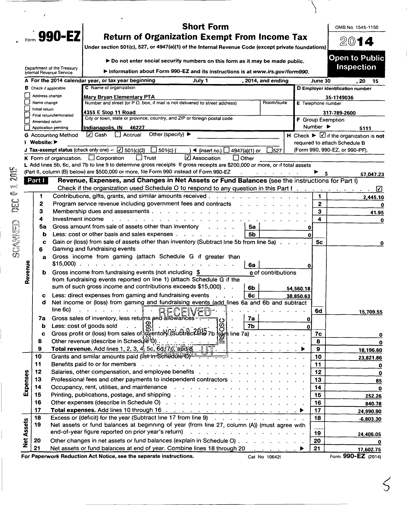 Image of first page of 2014 Form 990EZ for Indiana Congress of Parents and Teachers / Mary Bryan Elementary PTA