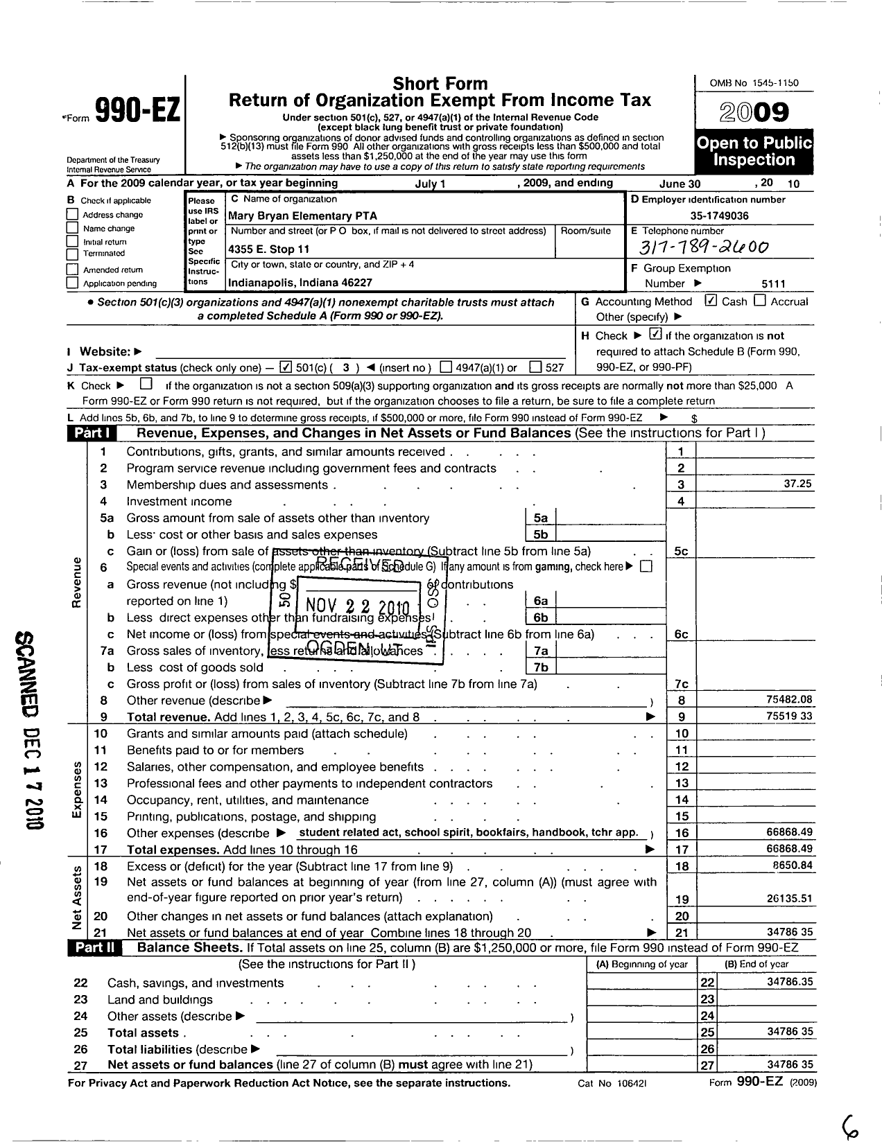 Image of first page of 2009 Form 990EZ for Indiana Congress of Parents and Teachers / Mary Bryan Elementary PTA