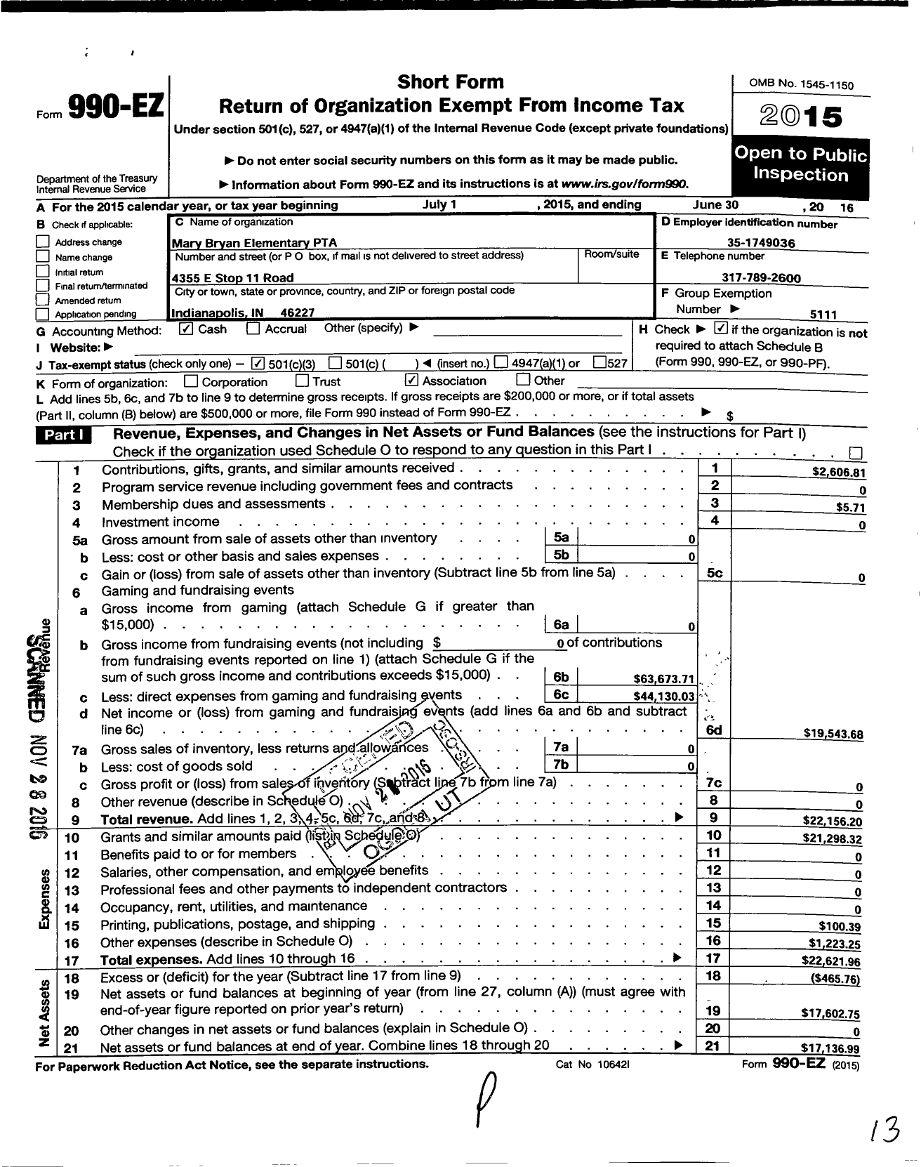 Image of first page of 2015 Form 990EZ for Indiana Congress of Parents and Teachers / Mary Bryan Elementary PTA