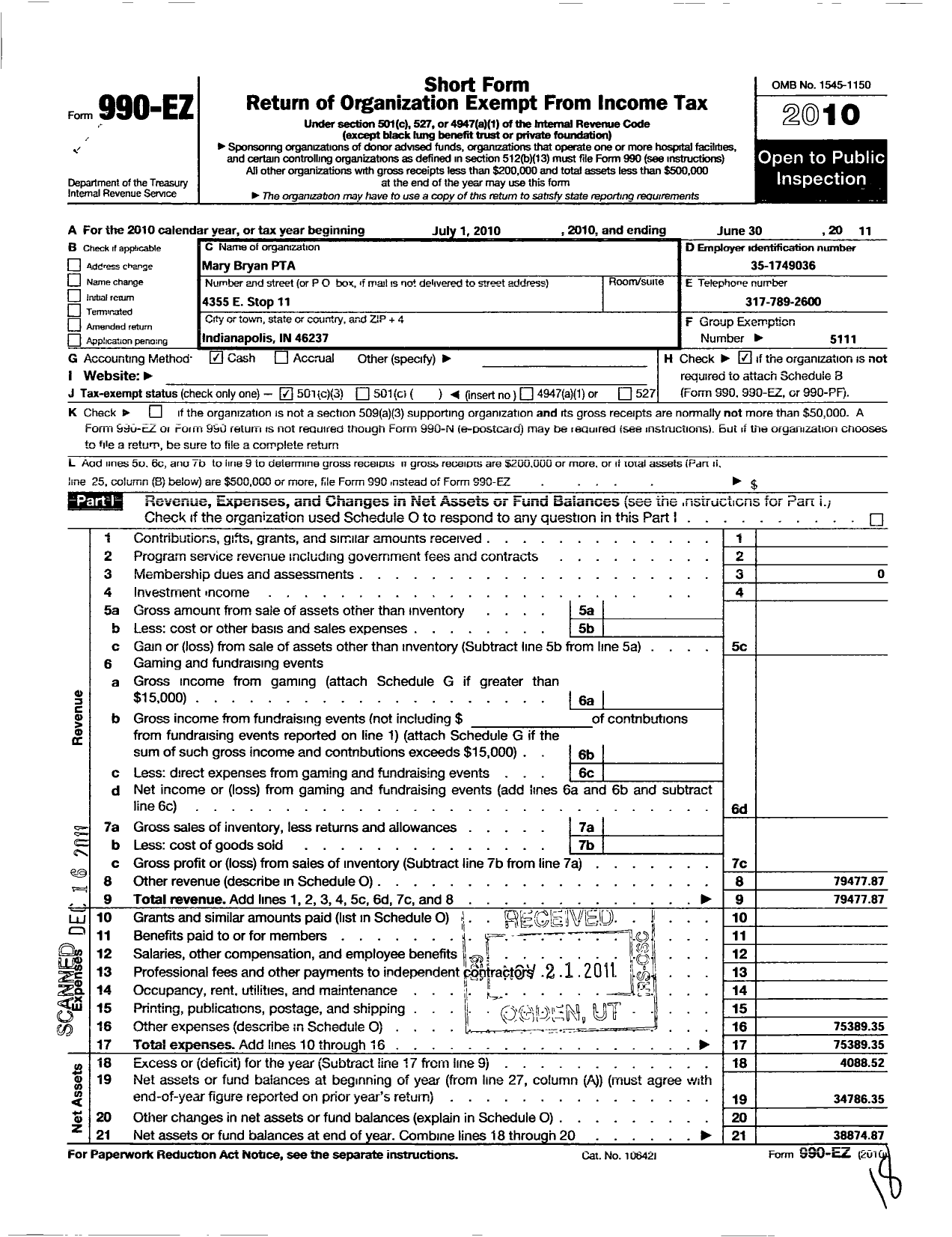 Image of first page of 2010 Form 990EZ for Indiana Congress of Parents and Teachers / Mary Bryan Elementary PTA