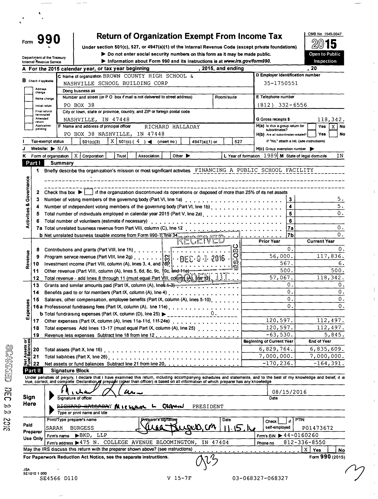 Image of first page of 2015 Form 990O for Brown County High School and Nashville School Building Corporation
