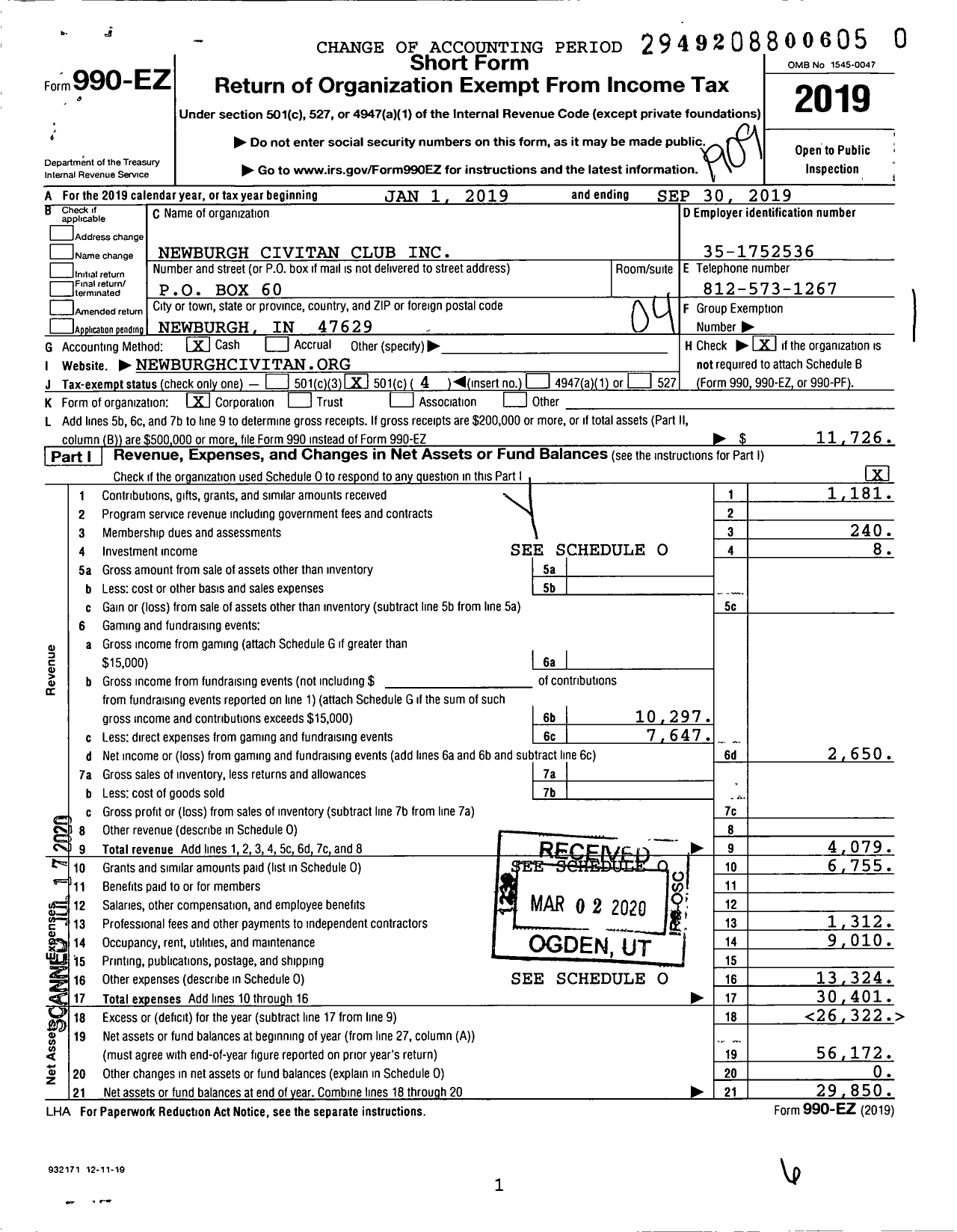 Image of first page of 2018 Form 990EO for Newburgh Civitan Club